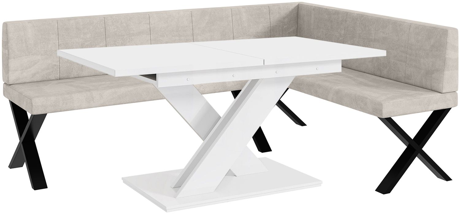 MEBLINI Eckbank für Esszimmer mit ausziehbarem Tisch - Küchenbank - Essecke - Sitzecke Küche - PETER - X-Beine 142x196x87cm Rechts - Beige Samt/B Weiß Matt Bild 1