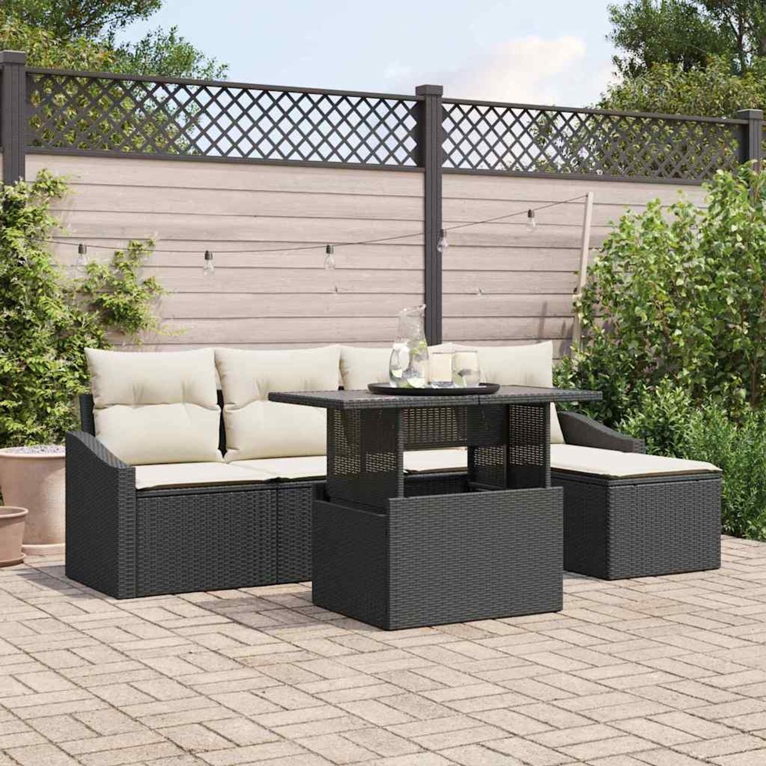 vidaXL Garten-Sofa-Set mit Kissen 6 pcs Schwarz und Creme Poly-Rattan 3357720 Bild 1