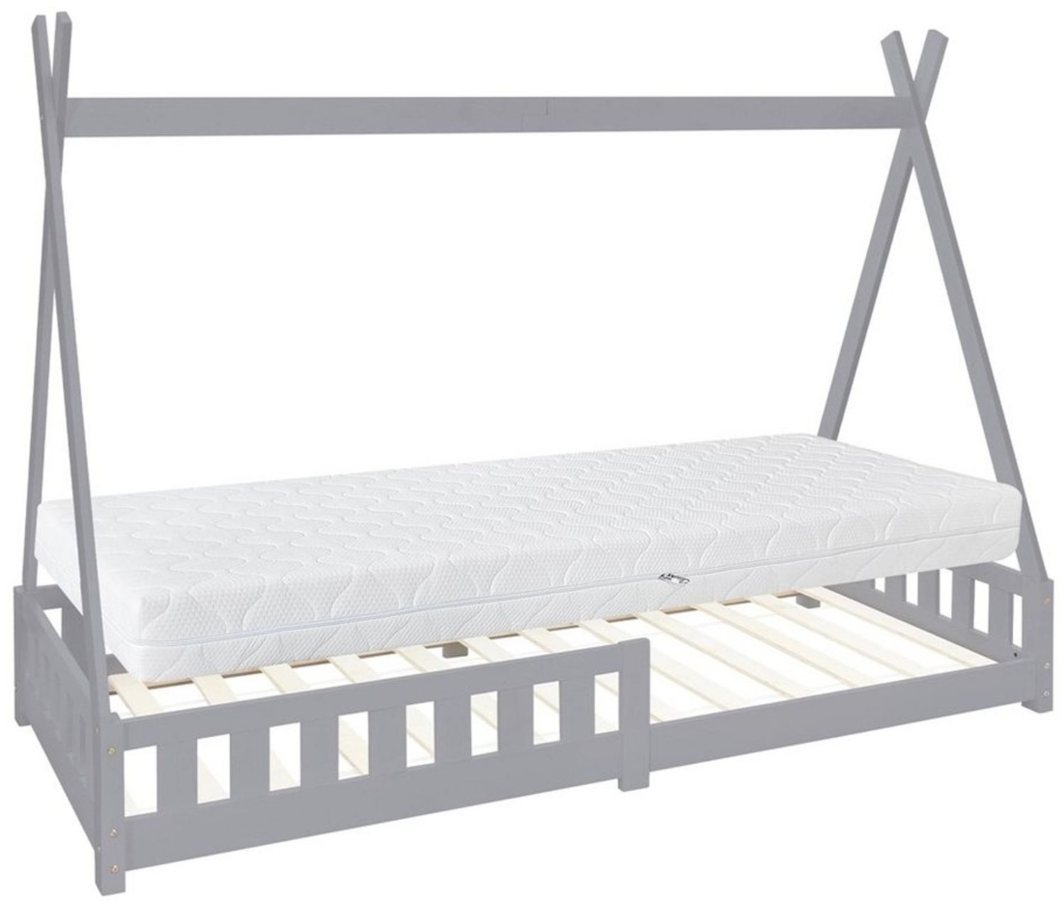 ML-DESIGN Spielbett Hausbett Tipi Zeltbett inkl. Lattenrost Bodenbett Kinder Himmelbett, Abenteuerbett mit Rausfallschutz Zelt Bett Kiefer Grau Kinderhaus Bild 1