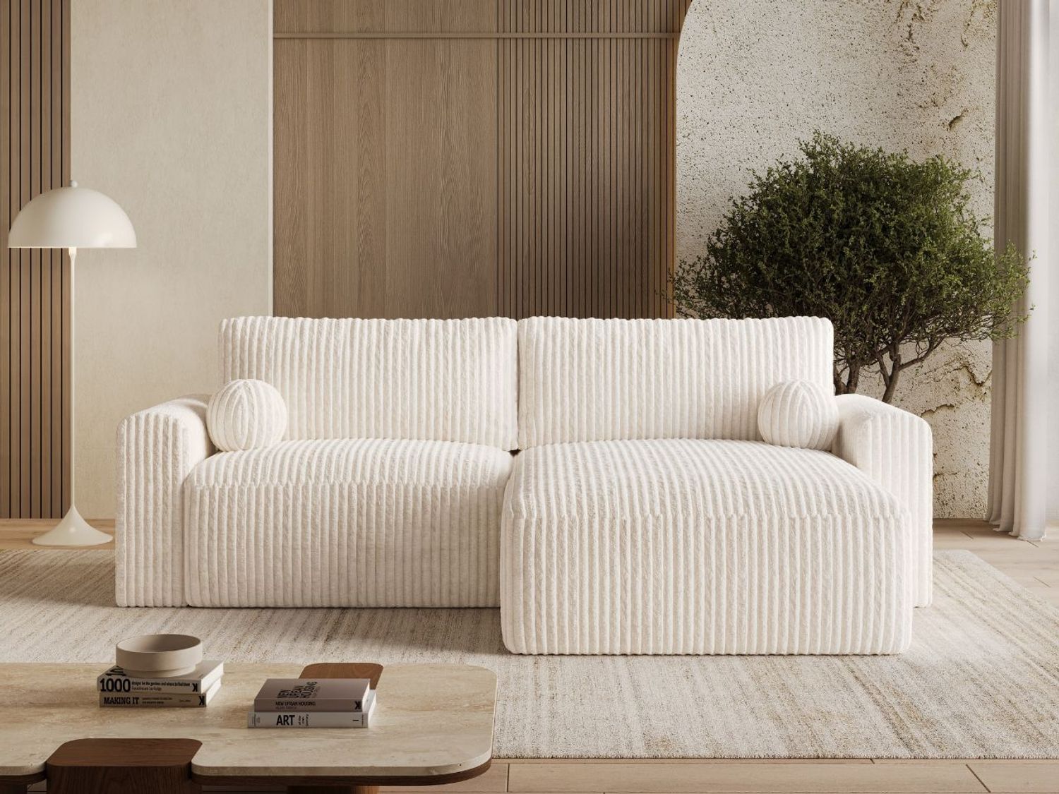 GRAINGOLD Ecksofa Aurora L, Couch L-Form mit Wellenfeder, Bettkasten, Losen Kissen, Cord-Stoff, Creme Bild 1