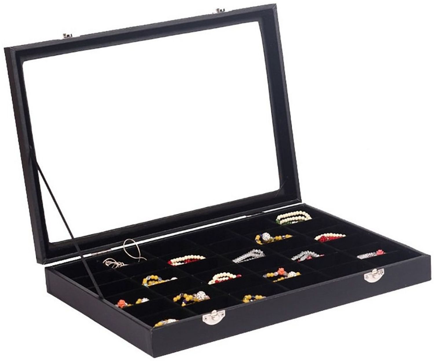 Sinoba Schmuckkasten Schmucklade Schmuckkästchen Schmuckbox für Ringe Ketten Ohrringe, Holz-Korpus, Velours-Bezug, mit Echtglas-Deckel Bild 1