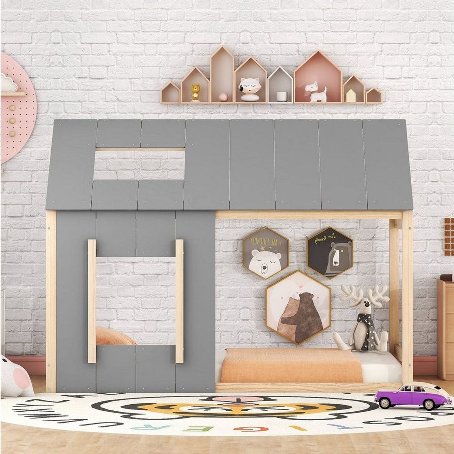 Flieks Kinderbett, Massivholz Einzelbett Hausbett mit Dach und Fenster 90x200cm Bild 1