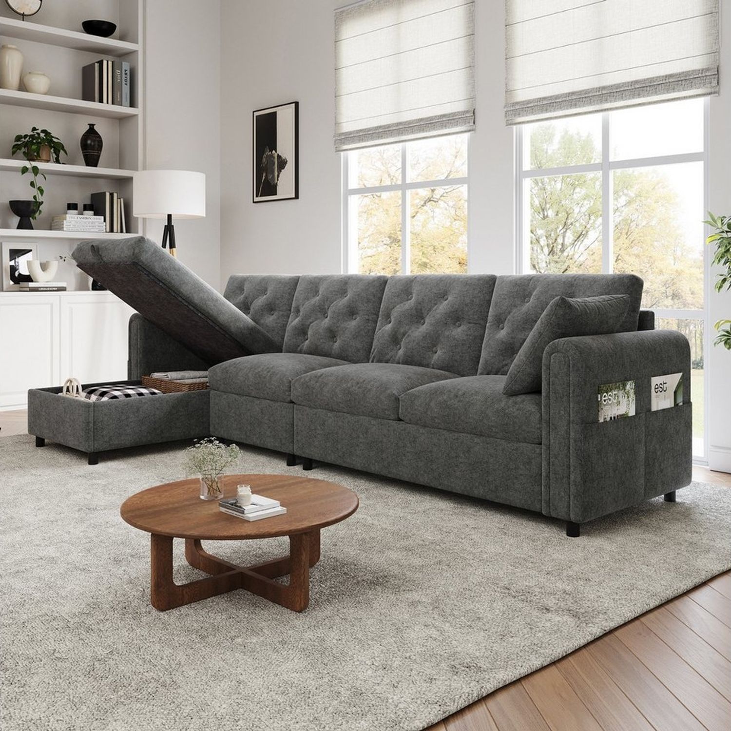 Flieks Ecksofa links und rechts austauschbar, 4-Sitzer, Samtbezug, L-förmiger Sofa mit Schlaffunktion, Bettkasten, Zierkissen und Taschen Bild 1