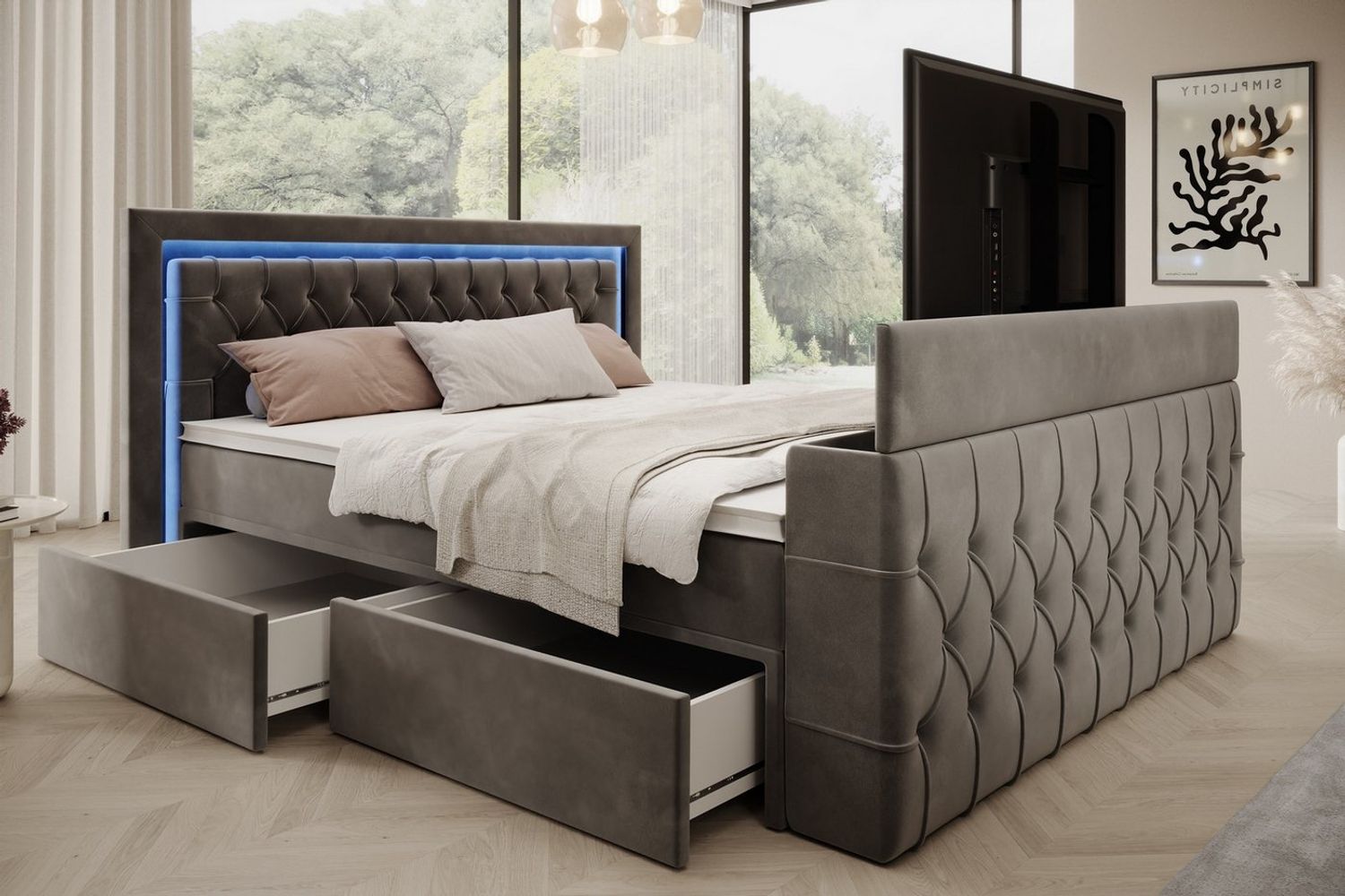 PROMETO Möbel Boxspringbett Doppelbett mit Matratze, Schubladen TV-Lift LED Beleuchtung, inkl. 7-Zonen-Taschenfederkernmatratze, TV-Lift im Fußteil, Topper Bild 1