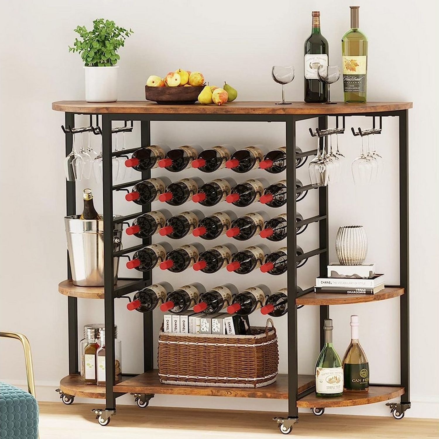YOLEO Weinregal Weinschrank mit Rollen für 25 Flaschen, Glashalter und Tischplatte Bild 1
