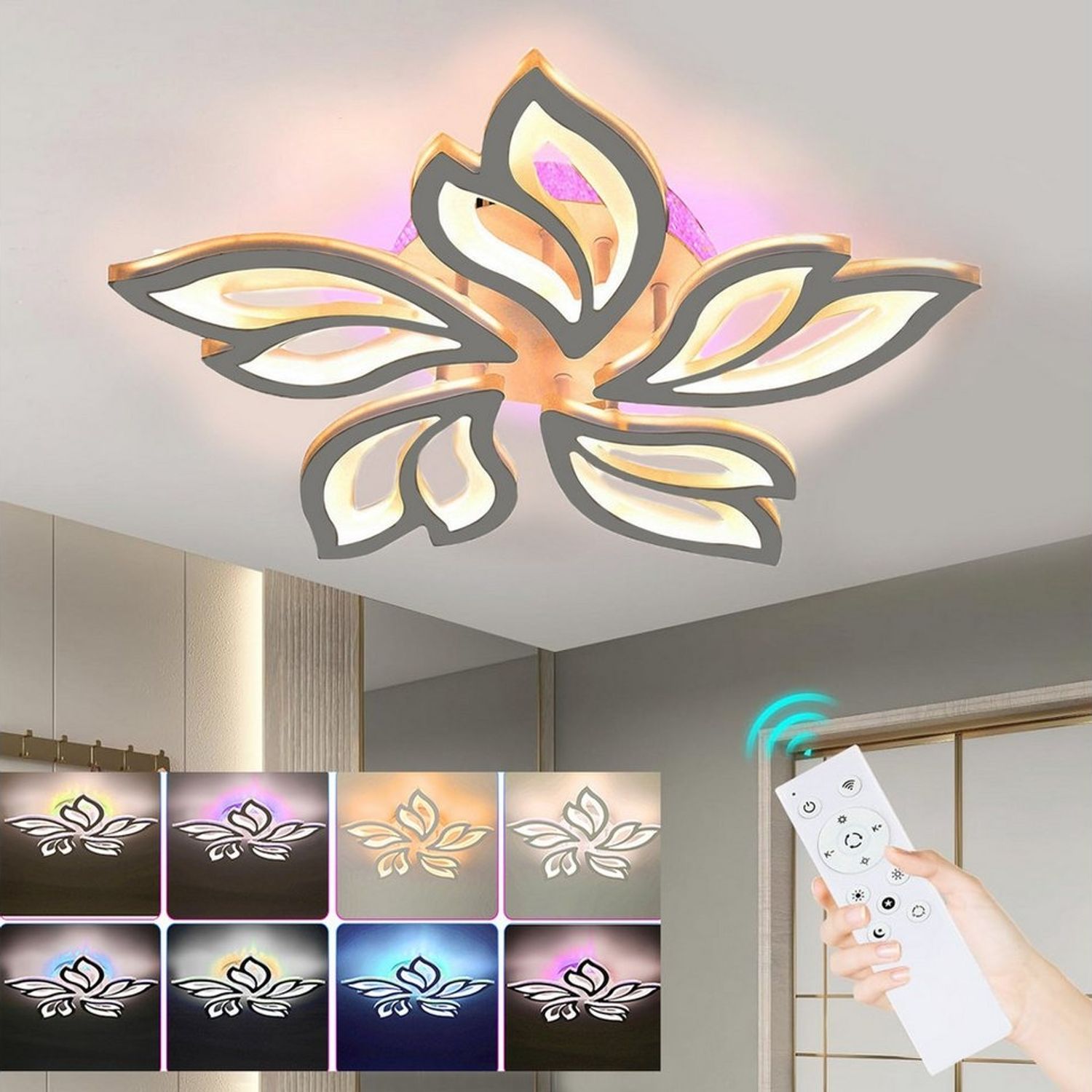 oyajia LED Deckenleuchte 54W Deckenleuchte mit RGB Farbwechsel Lamp, Dimmbar mit Fernbedienung, LED fest integriert, Kaltweiß/Naturweiß/Warmweiß+RGB Hintergrundbeleuchtung Farbwechsel, Modern Blumenform Deckenlampe für Schlafzimmer Kinderzimmer Wohnzimmer Bild 1