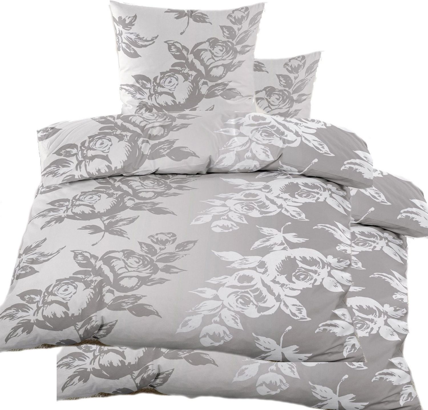 KH-Haushaltshandel Bettwäsche 4-tlg. Biber Winter Bettwäsche 2x(135x200 + 80x80cm), Blüten, Biber, 4 teilig, grau weiß, warm, flauschig weich, Baumwoll Mischgewebe Bild 1