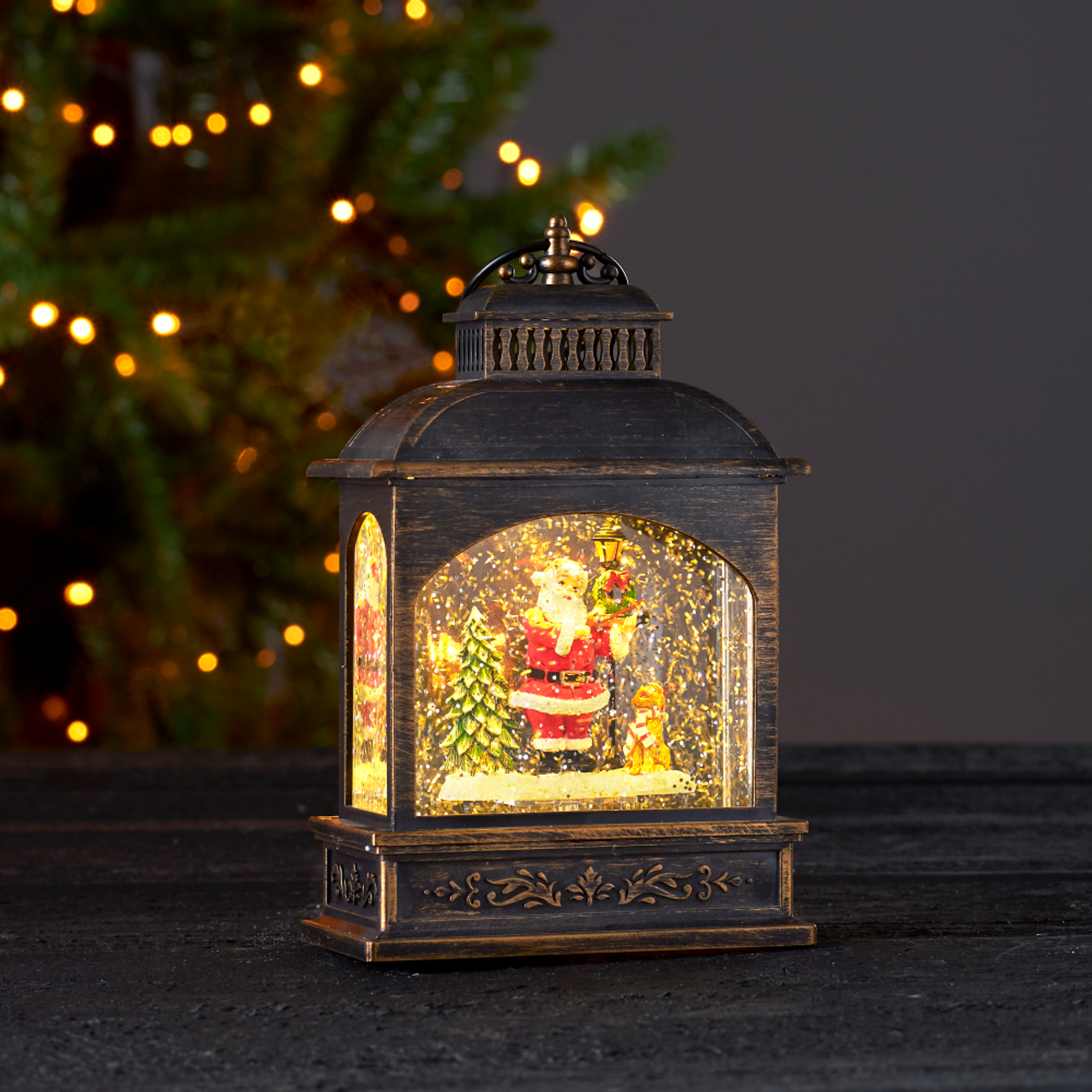 EGLO LED Weihnachtslaterne mit Schneegestöber, beleuchtete Vintage-Schneekugel mit Weihnachtsmann, Fensterdeko für Weihnachten mit Timer, Kunststoff in Bronze Bild 1
