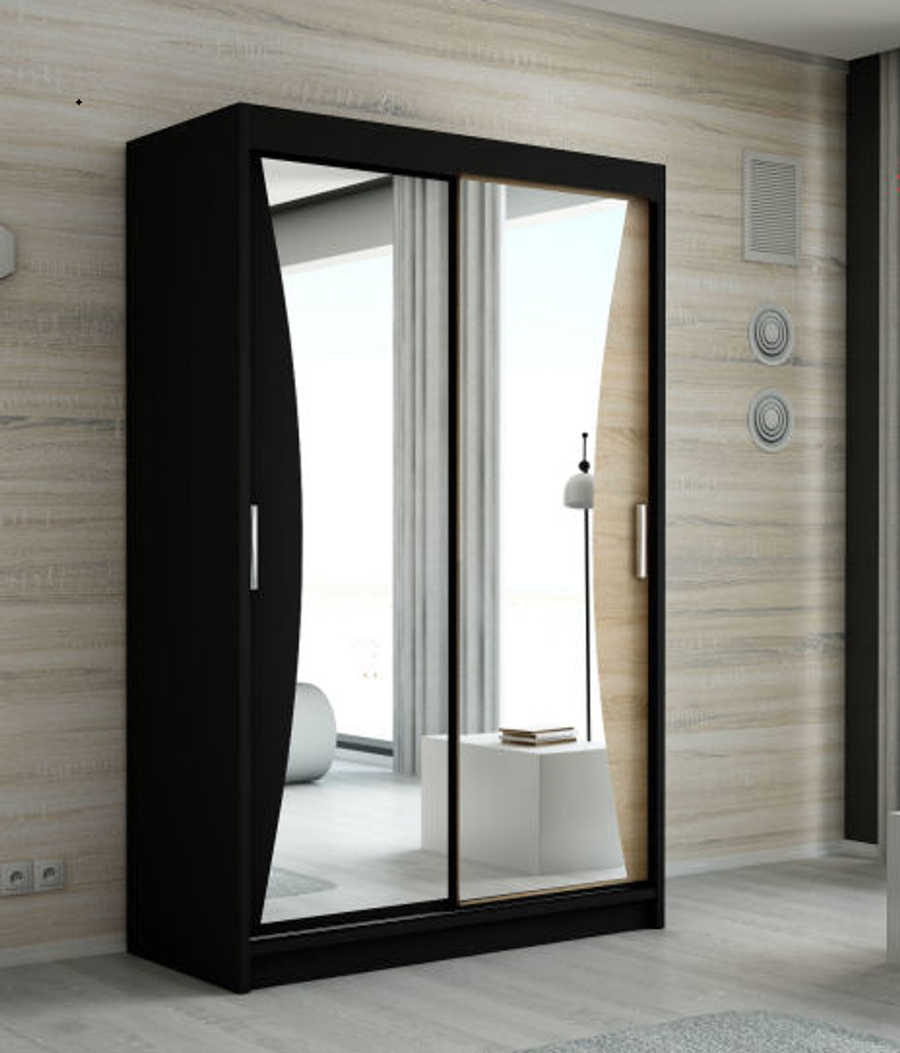 Schwebetürenschrank NIKO 2-türig Schrank 180 cm (mit Spiegel) Farbe: Schwarz , sonoma Bild 1