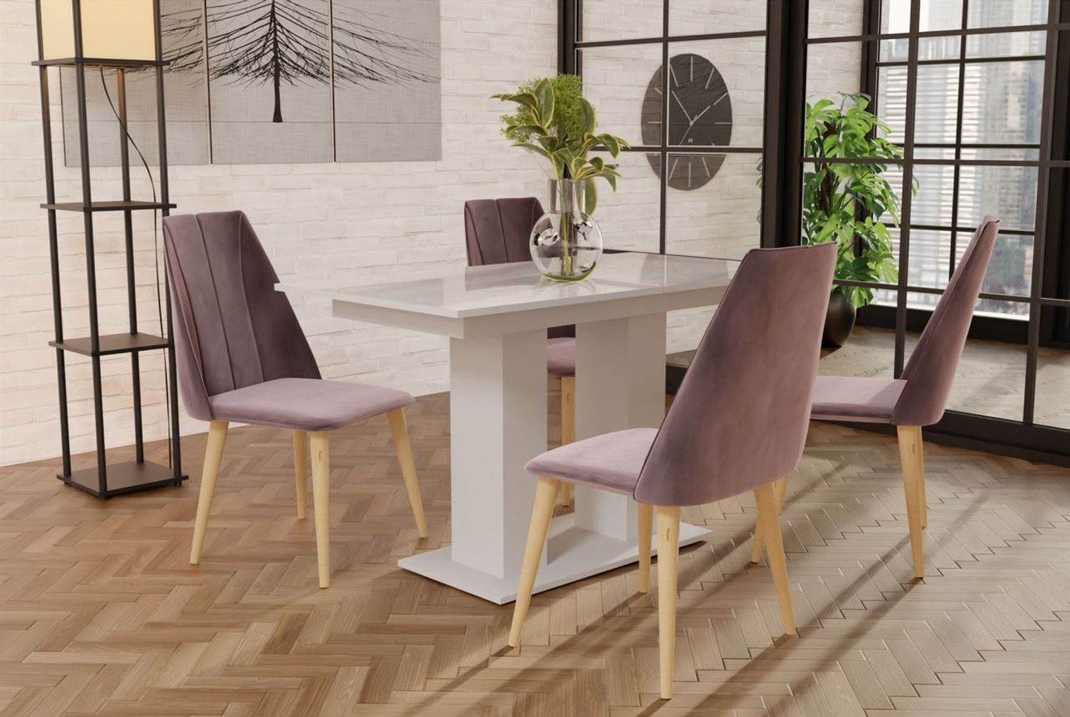 Essgruppe Weiss HGL-Tisch mit 4 Flieder CAROS Stühlen für Esszimmer oder Küche Bild 1