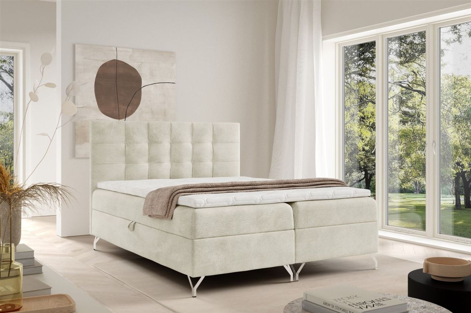 Boxspringbett Schlafzimmerbett CANDELA PREMIUM 120x200cm Stoff Coral Ecru Bild 1