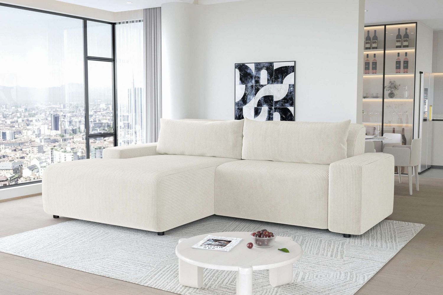 99rooms Tivoli Ecksofa Cordstoff POSO Creme Links mit Kissen Bild 1