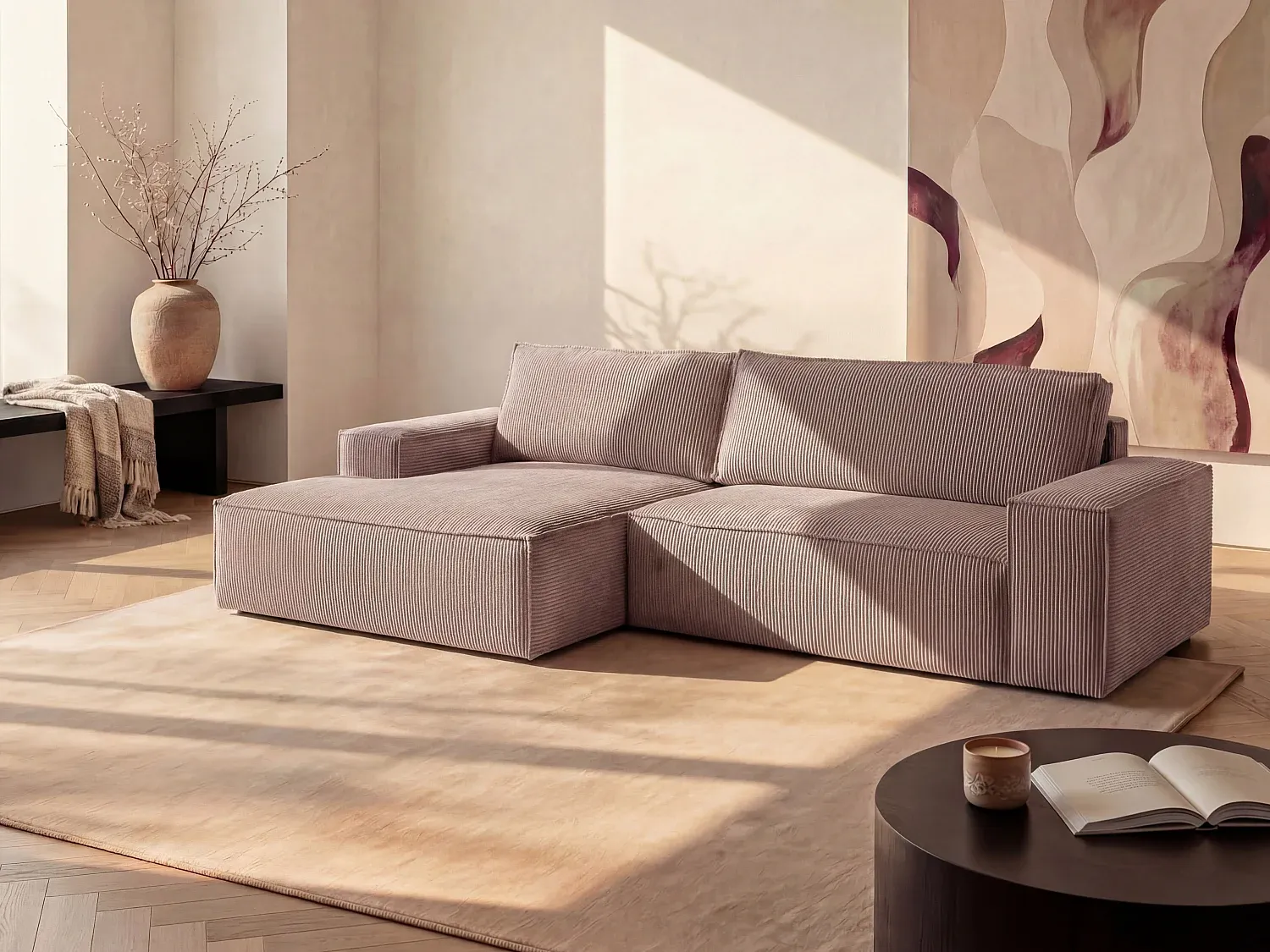 Vente-unique - Ecksofa mit Schlaffunktion - Ecke Links - Cord - Hellviolett - AMELIA Bild 1
