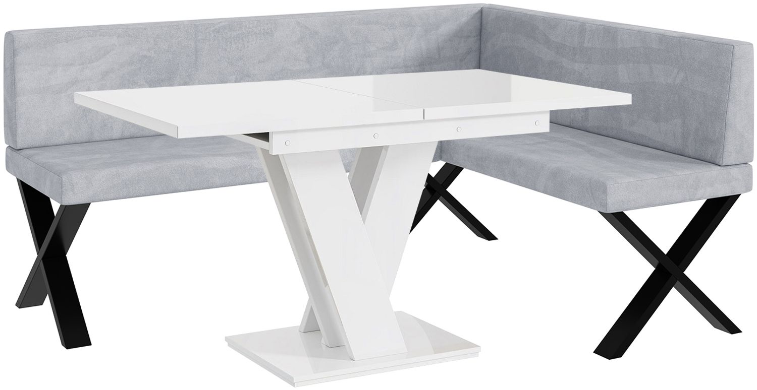 MEBLINI Eckbank für Esszimmer mit ausziehbarem Tisch - Küchenbank - Essecke - Sitzecke Küche - TONI - X-Beine 128x168x87cm Rechts - Hellgrau Samt/M Weiß Hochgl. Bild 1
