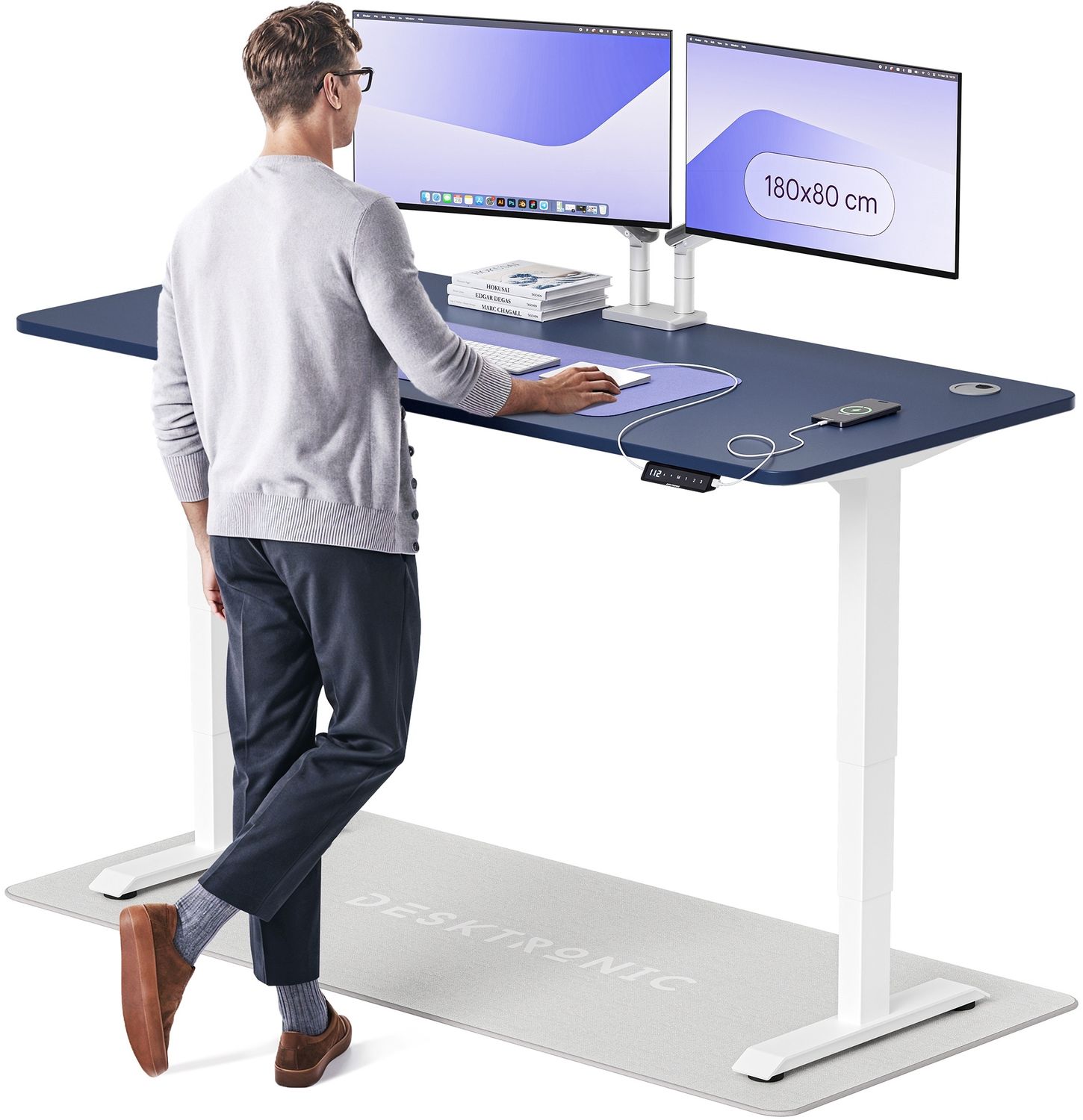Desktronic HomePro Elektrisch höhenverstellbarer Schreibtisch 180x80cm Weiß/Blau mit Memory-Funktion, Anti-Kollisions Technologie, USB-A und USB-C-Ladeanschlüssen Bild 1