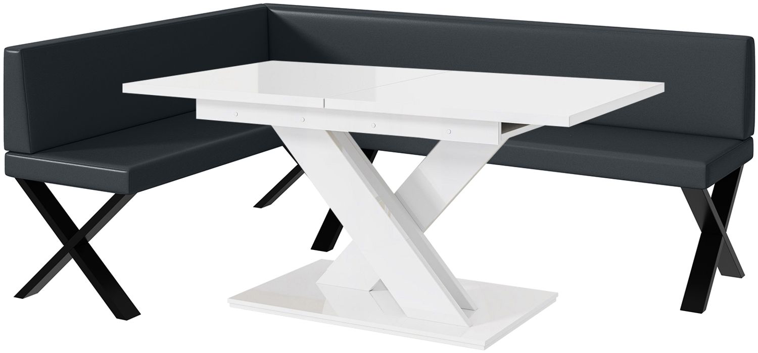MEBLINI Eckbank für Esszimmer mit ausziehbarem Tisch - Küchenbank - Essecke - Sitzecke Küche - TONI - X-Beine 142x196x87cm Links - Dunkelgrau Kunstleder/B Weiß Hochgl. Bild 1