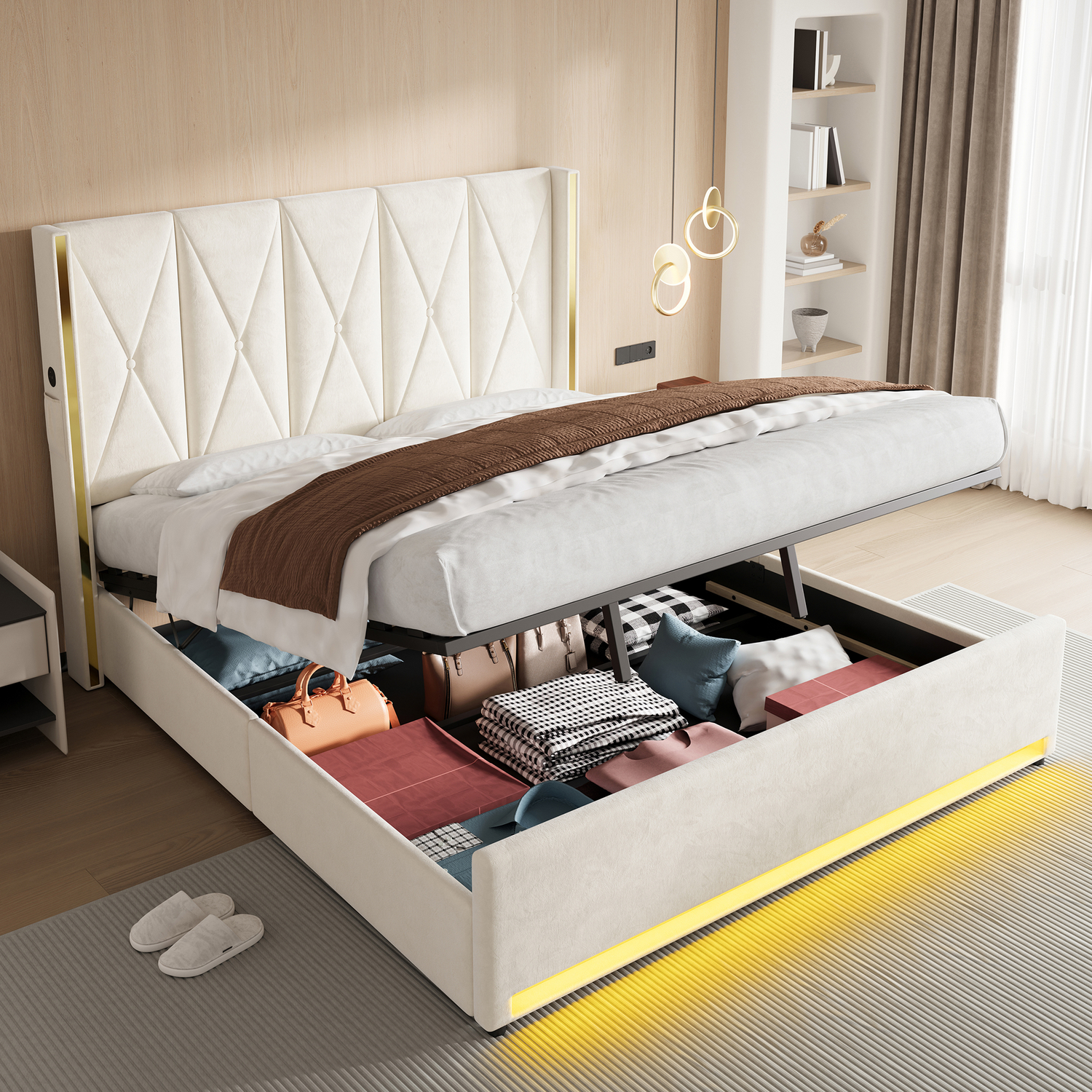 LVHOM Polsterbett mit Stauraum, Doppelbett mit LED, USB-Anschlüsse und Seitentaschen, Funktionbett, 180x200 cm, Beige Bild 1