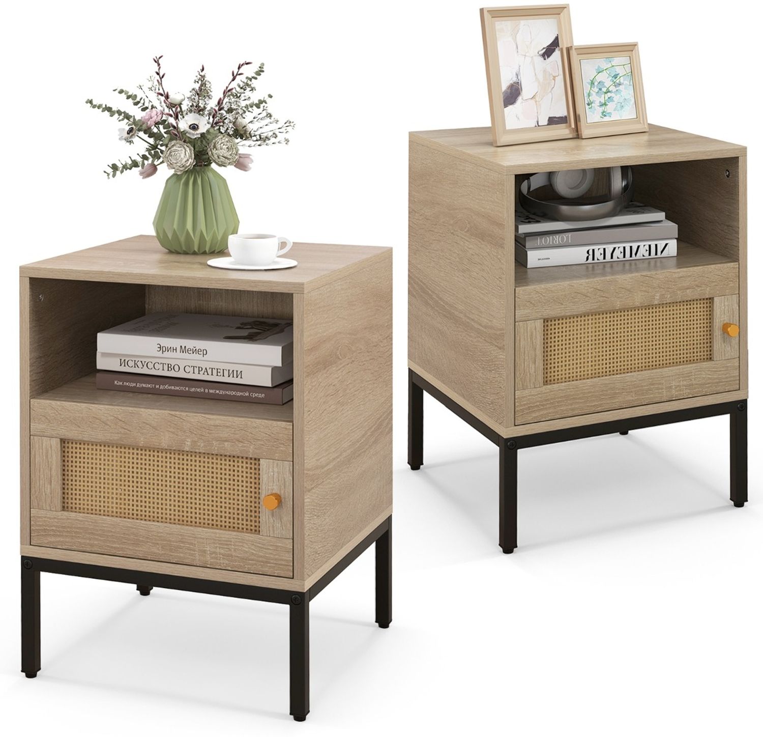 2er Set Rattan Nachttisch mit Offenem Regal & Schrank Nachtschrank Beistelltisch Natur Bild 1