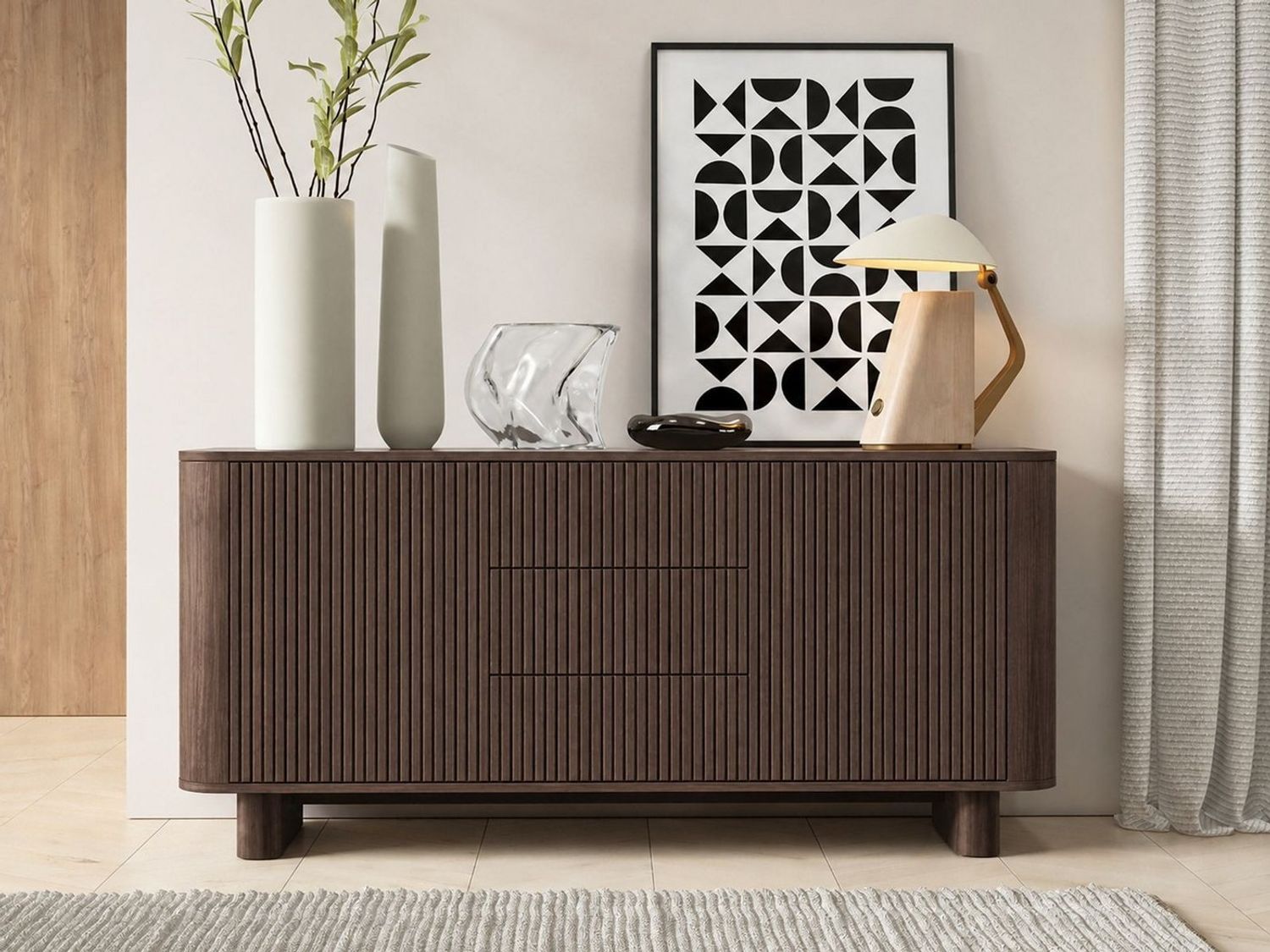Compleo Kommode mit 3 Schubladen AKARI, Japandi Design, Nussbaum oder Kaschmir Bild 1