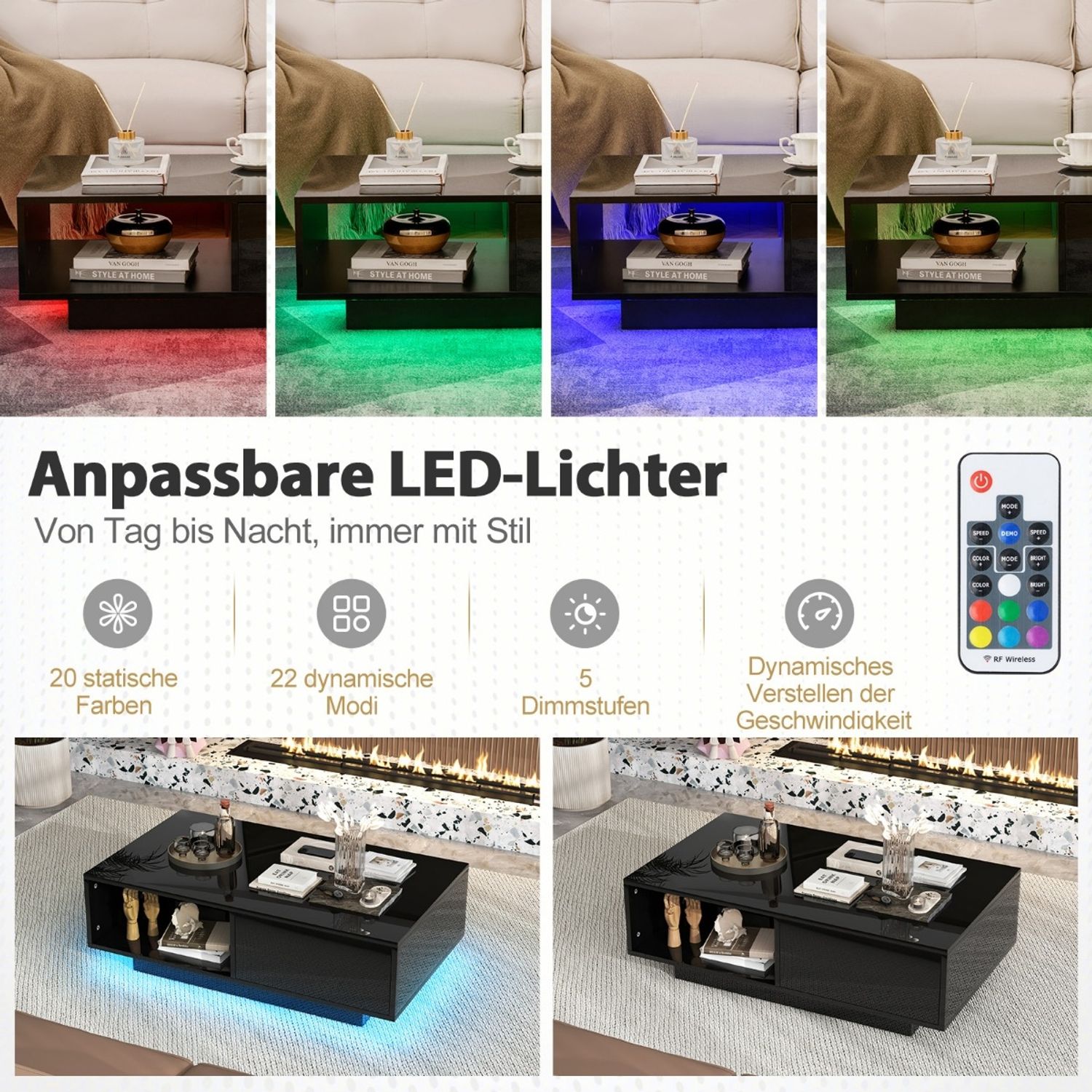 Couchtisch mit 20 Farben LED-Lichtern & Fernbedienung Beistelltisch 95 x 55 x 31 cm Schwarz Bild 1