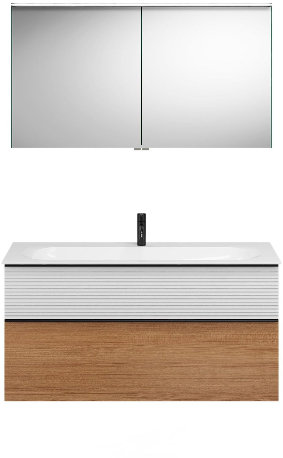 Burgbad FIUMO Waschtisch Set mit Spiegelschrank 122 cm breit, Weiß/Braun, Waschbecken Gussmarmor Weiß Bild 1