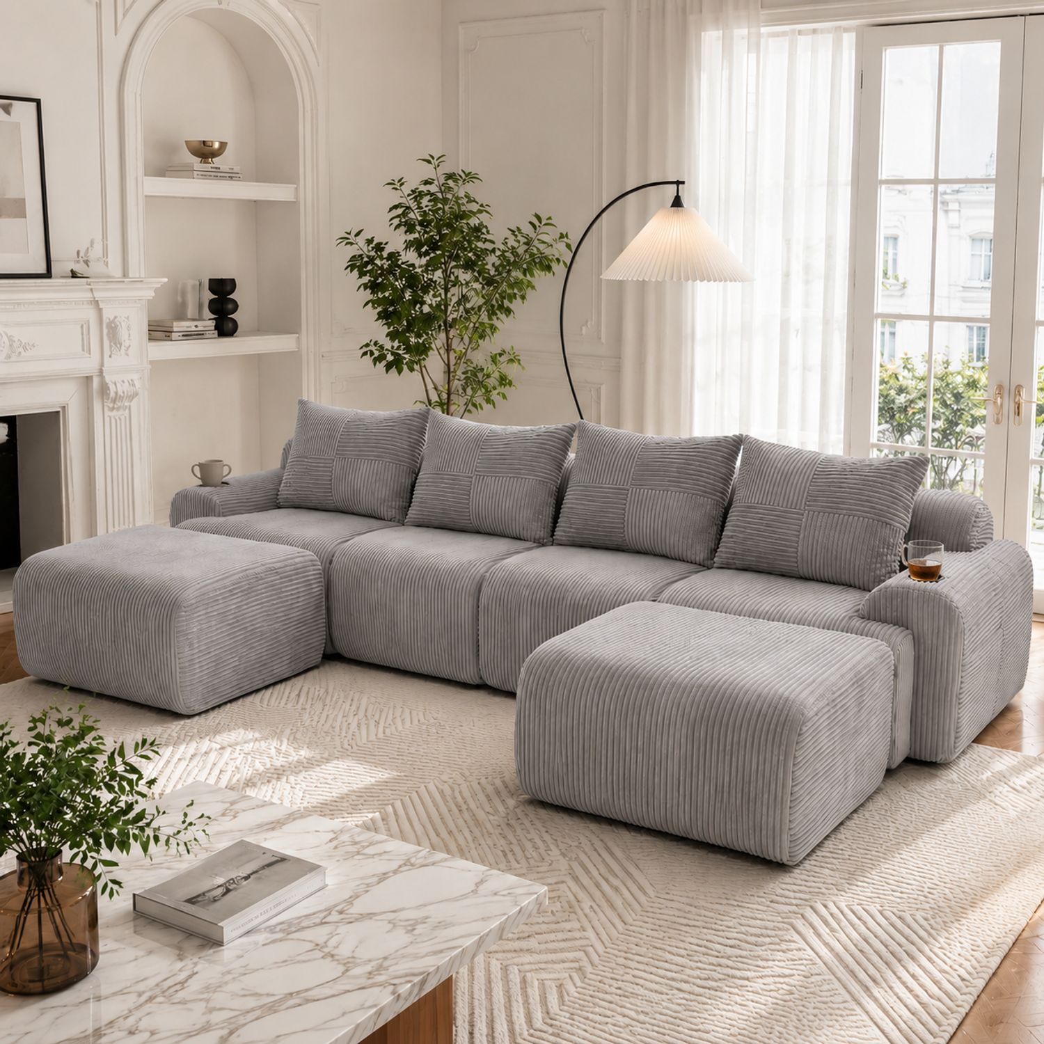 Modulares 4-Sitzer Cordsofa m. 2 Hockern, Getränkehalter, Tasche, Dunkelgrau Bild 1