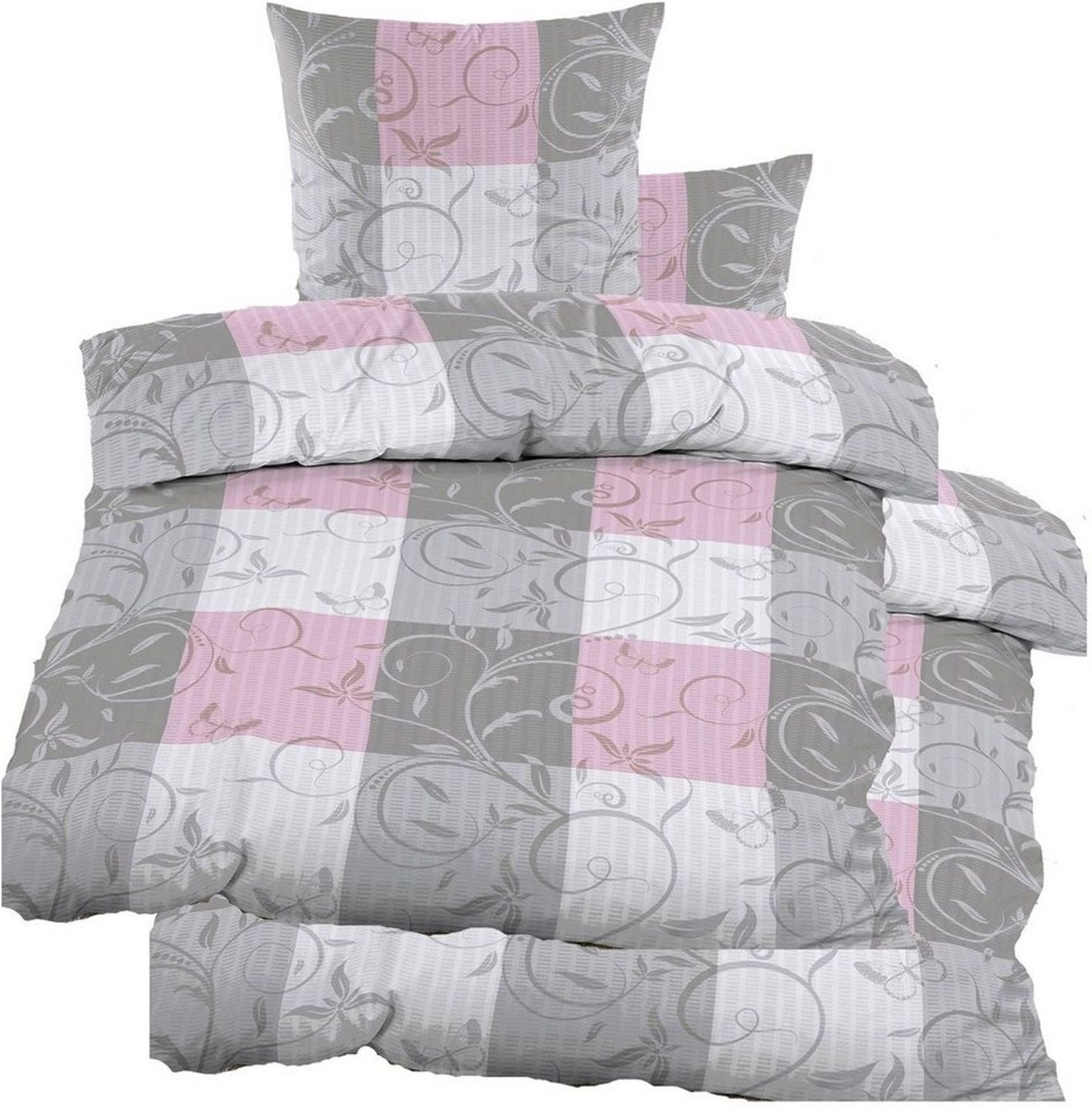 KH-Haushaltshandel Bettwäsche Seersucker Bettwäsche 135x200 +80x80 cm, grau pink Ranken, kariert, Seersucker, bügelfrei, Microfaser Bild 1