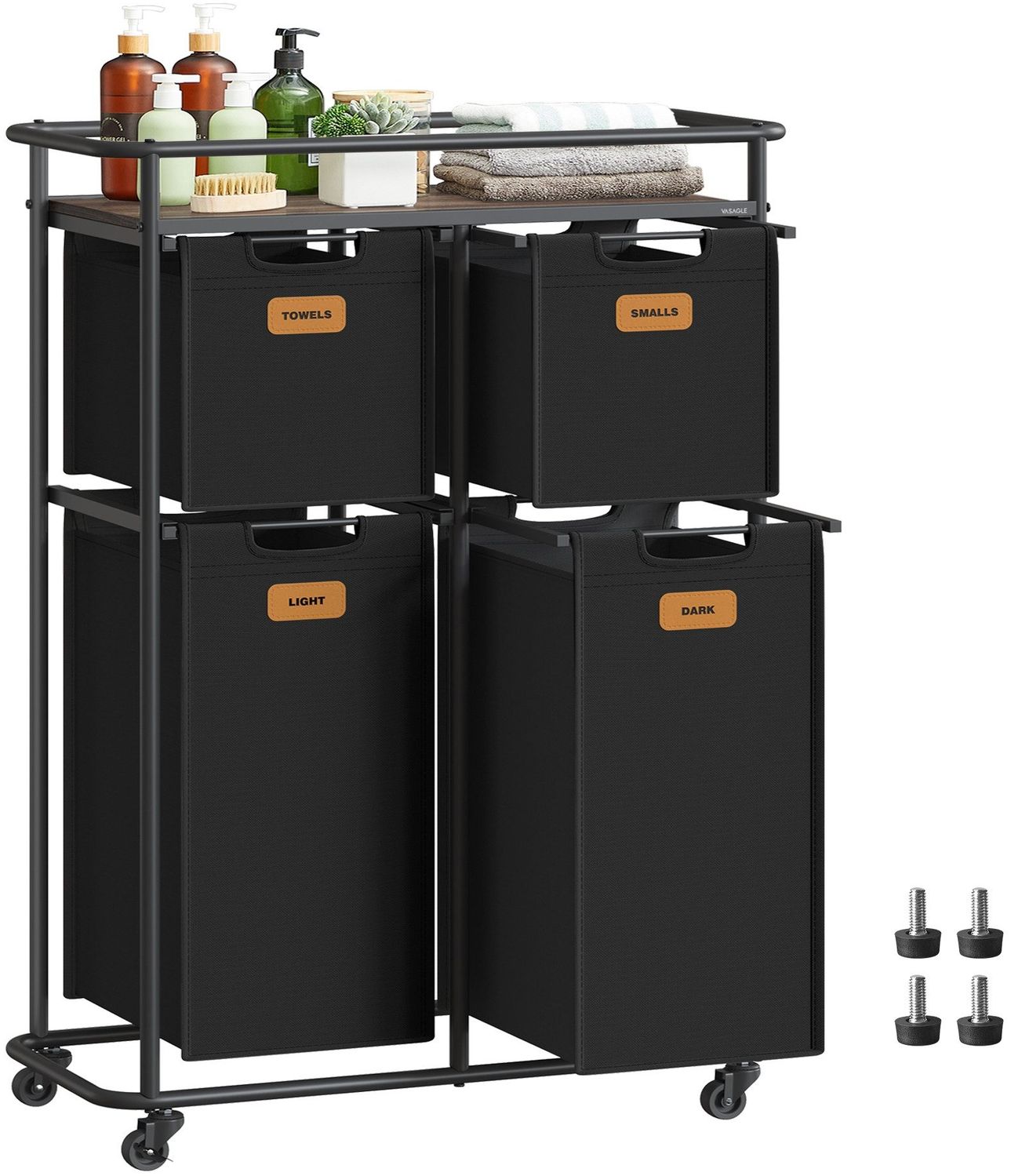 VASAGLE Wäschesortierer, Wäschetrenner mit Rädern, 150 L, Wäschekörbe, beweglicher Wäschewagen mit Ablage, 4 abnehmbare Taschen, 6 Etiketten, tintenschwarz-kastanienbraun Bild 1