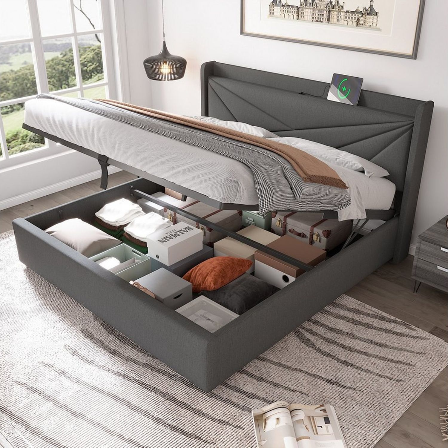 Flieks Polsterbett, Massivholz Stauraumbett mit USB/Typ-C Ladeanschluss 140x200cm Leinen Bild 1