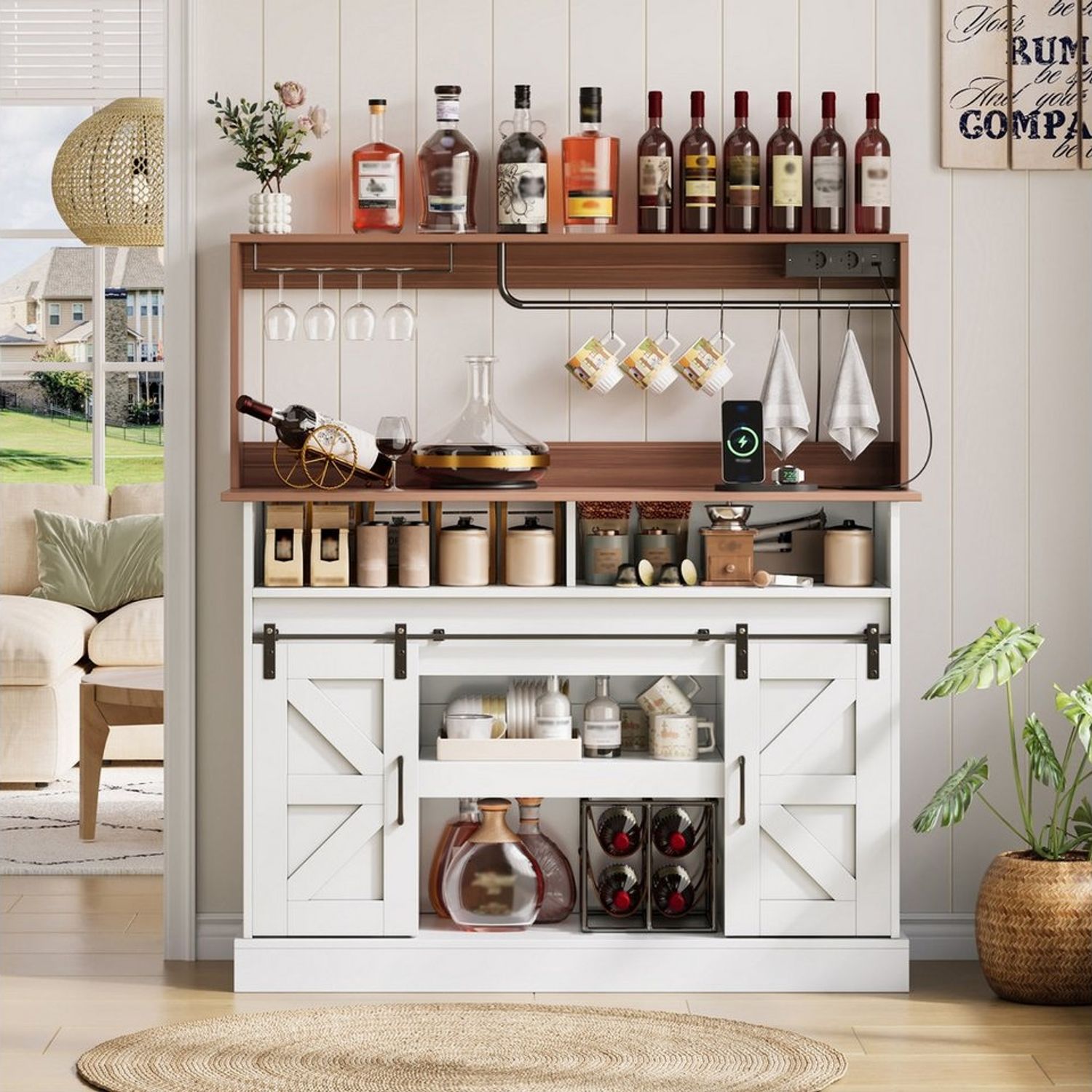 Flieks Küchenbuffet mit Gläserhalter, Haken und Steckdosen (120x40x130 cm, 1-St, mit verstellbarer Einlegeböden) Hochschrank Küchenschrank mit Schiebetüren im Landhausstil Weiß Bild 1
