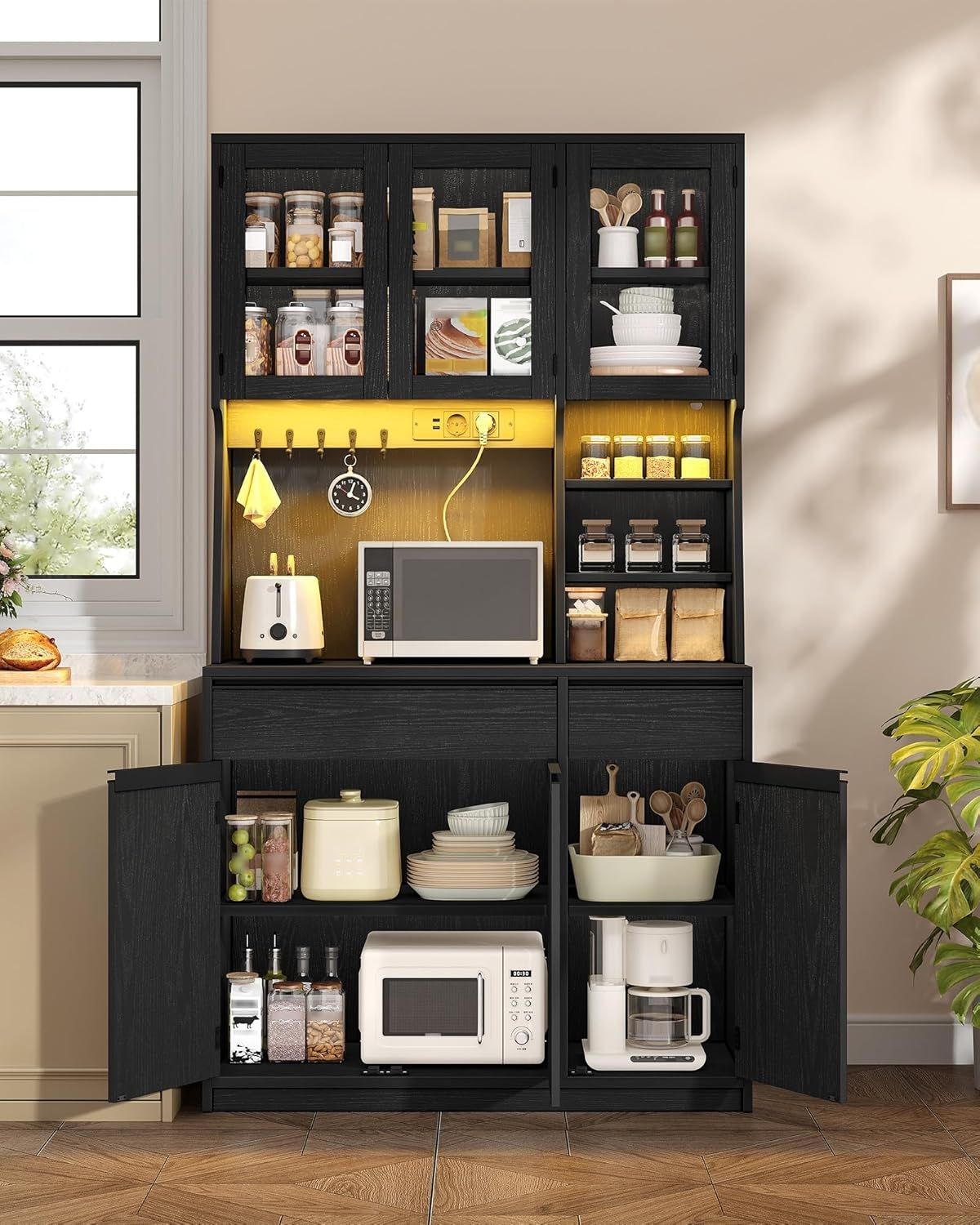Küchenschrank, Buffetschrank, Hochschrank mit Steckdosen und Led-Lichtleisten, mit Arbeitsplatten und Zwei Schubladen, Verstellbare Einlegeböden, Küche, 40 x 100 x 180 cm, Schwarz Bild 1