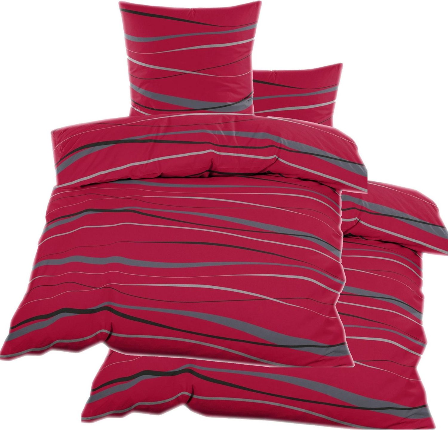 KH-Haushaltshandel Bettwäsche 4-tlg. Biber Winter Bettwäsche 2x(135x200 + 80x80cm), Wellen, Biber, 4 teilig, rot grau schwarz, flauschig weich, warm, Baumwoll Mischgewebe Bild 1
