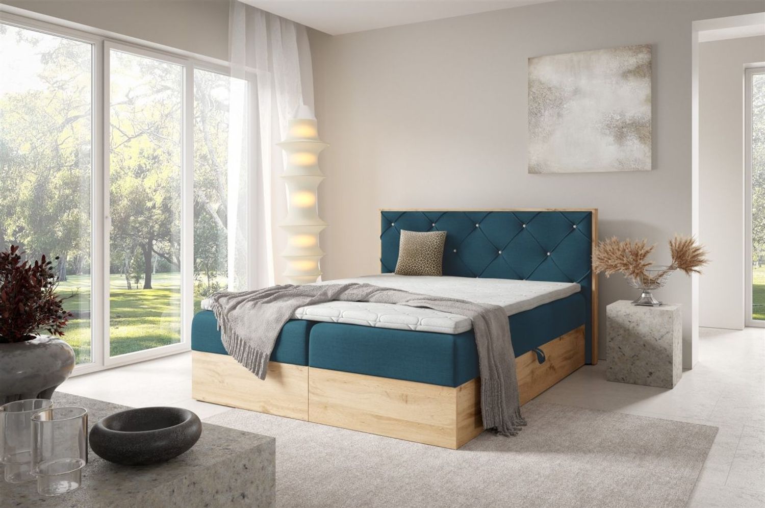 Boxspringbett Schlafzimmerbett HELIOS 120x200cm in Stoff Rouge Dunkelblau Bild 1