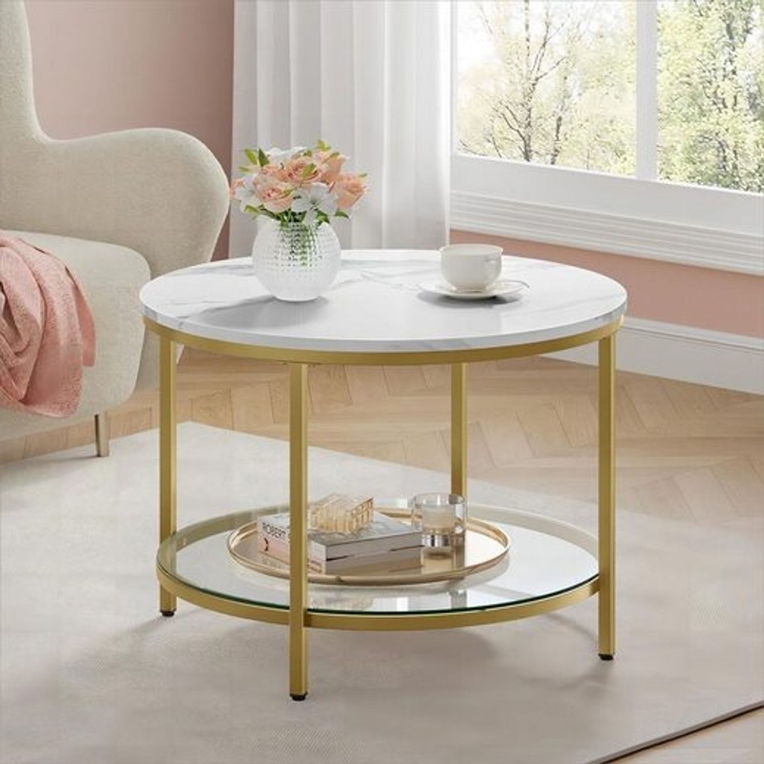 Vasagle Couchtisch mit Glasplatte, Holz / Stahl, Marmorweiß-Gold, Ø 65x46 cm Bild 1