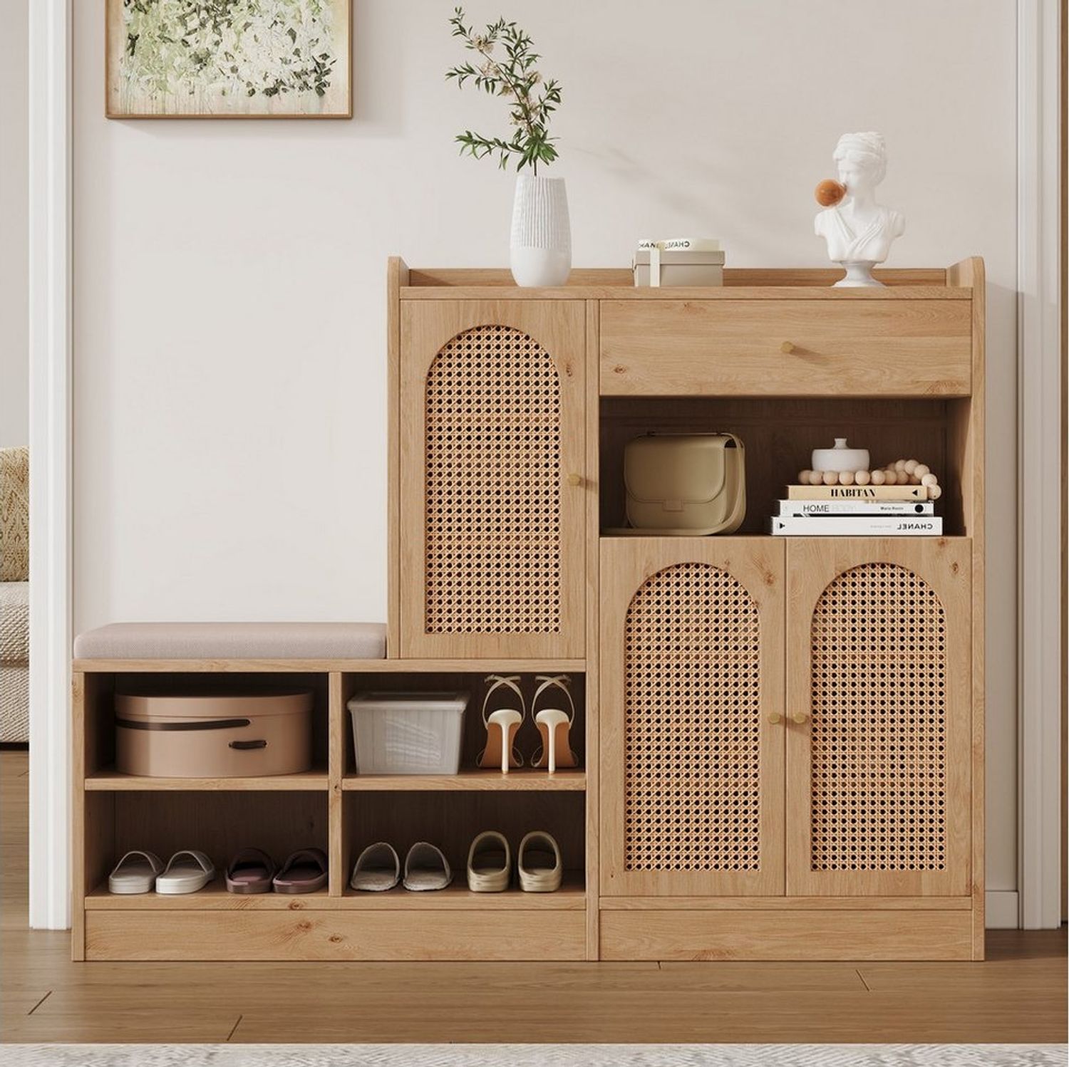 Flieks Schuhschrank mit gepolsterter Sitzbank, 3 Rattantüren und 1 Schubladen Holzoptik (1-St, B142xT35xH110 cm) Schuhregal Mehrzweckschrank Schuhkommode mit verstellbarer Ablagen Bild 1
