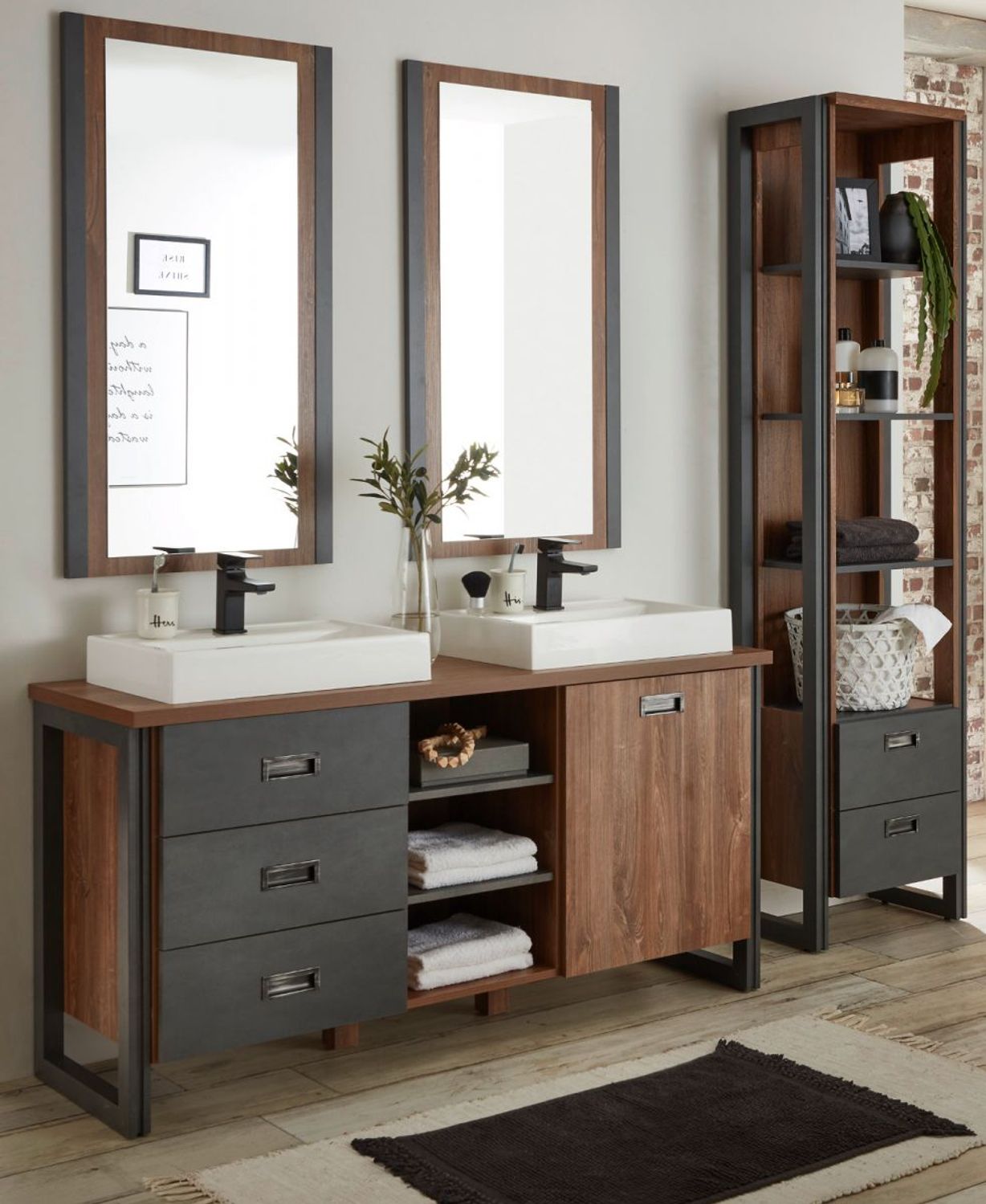 Badmöbel Set 6-teilig Auburn Eiche Stirling und Matera grau Doppelwaschtisch 208 x 205 cm Bild 1