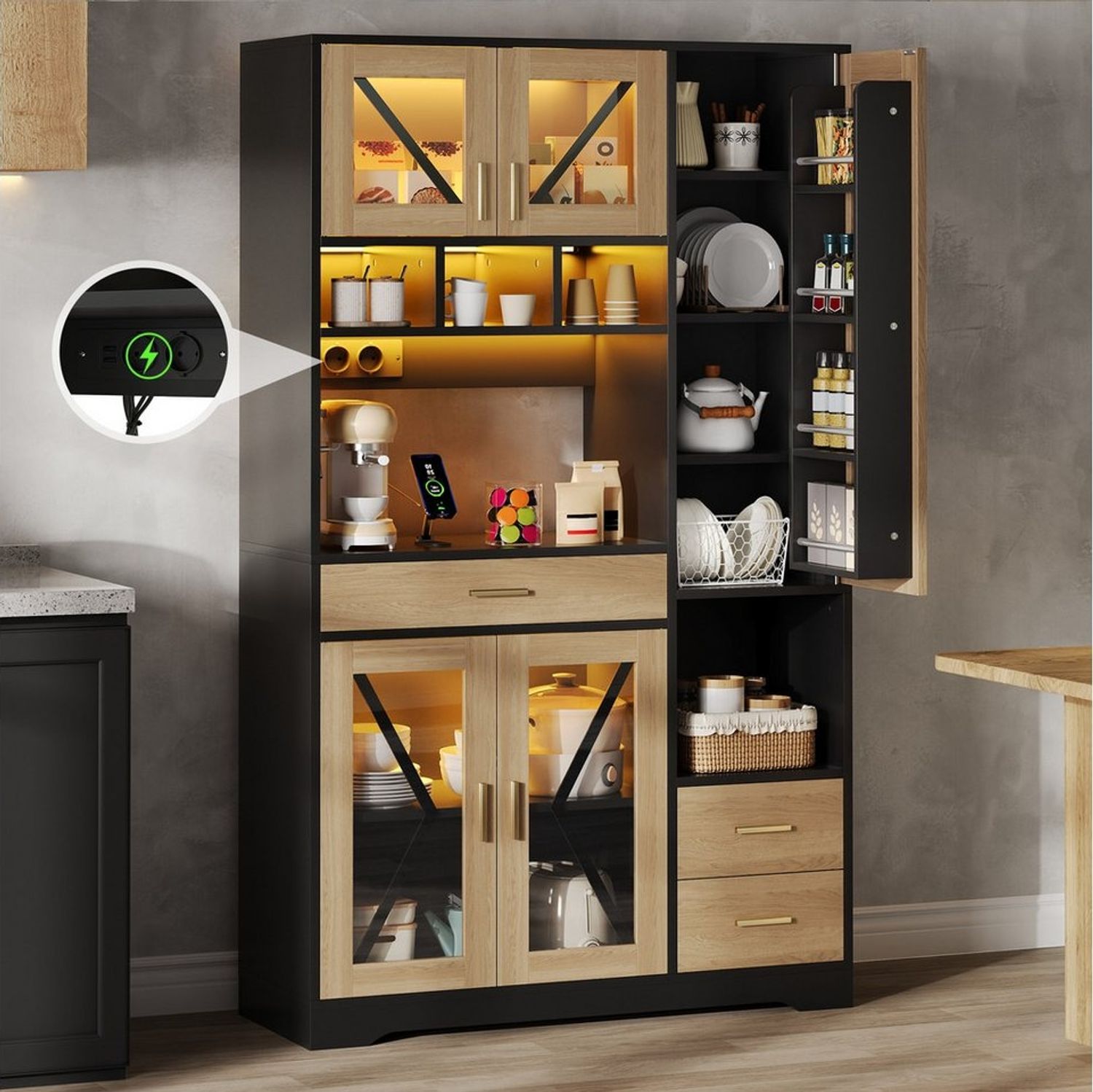 Flieks Küchenbuffet mit Steckdosen, LED-Beleuchtung und verstellbaren Einlegeböden (1-St, B105/T40/H185 cm) Hochschrank Küchenschrank mit Glastüren und Schubladen Holzoptik Bild 1