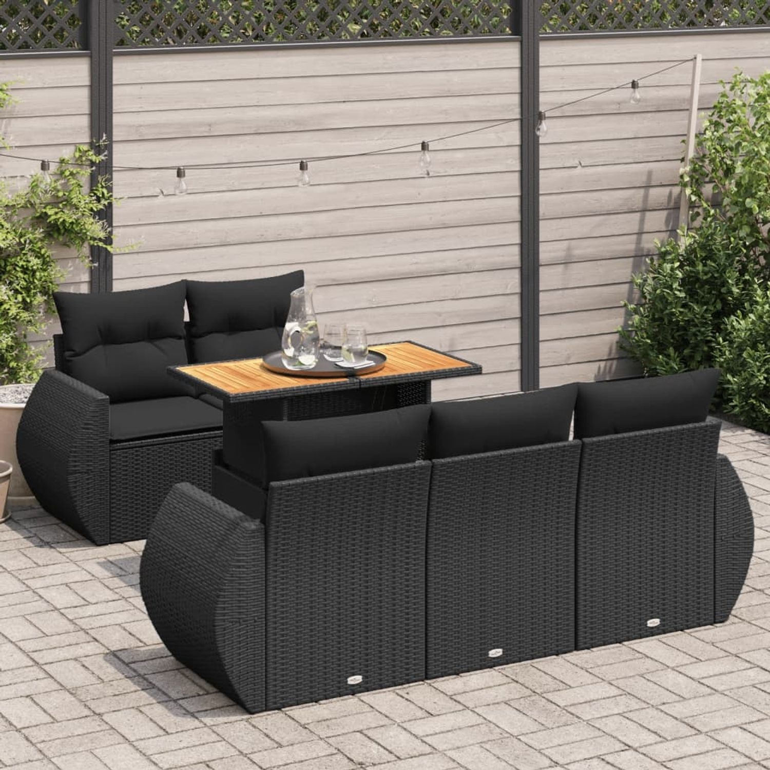 vidaXL 6-tlg. Garten-Sofagarnitur mit Kissen Schwarz Poly Rattan 3327212 Bild 1