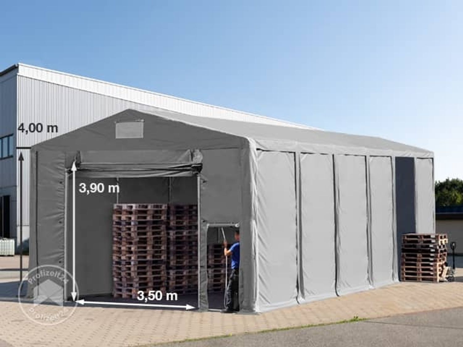 Lagerzelt 8x12 m Zelthalle Industriezelt mit 4m Seitenhöhe PVC Plane 850 N grau 100% wasserdicht Ganzjahreszelt mit Hochziehtor Bild 1