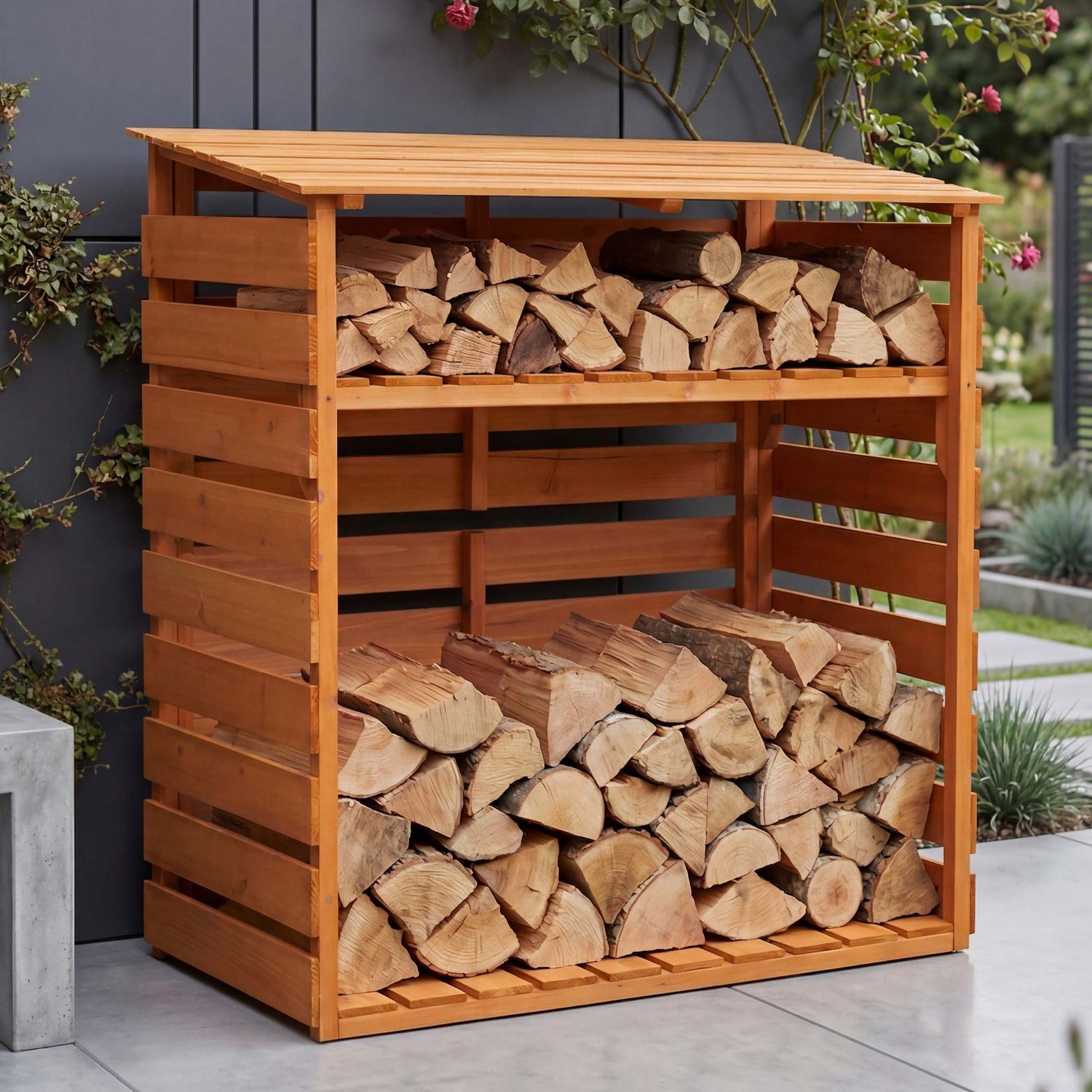 Brennholzlager HWC-Q16, Kamin-/Feuerholzregal Holzlager Holzunterstand, Ablage Holz Tanne FSC® 121x122x61cm ~ natur Bild 1