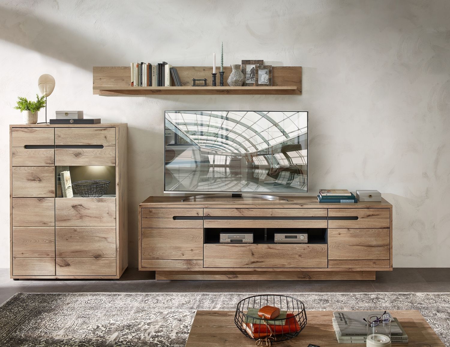 Wohnwand >Bellano< in Viking Oak Dekor, MDF, Spannplatte - 309x185x44cm (BxHxT) Bild 1