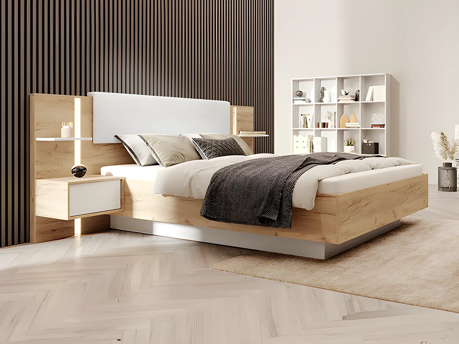 Vente-unique - ELYNIA Bett SamtHolz, Platte BeigeWeiß - B 210 cm x H 104,4 cm x L 256,4 cm Bild 1