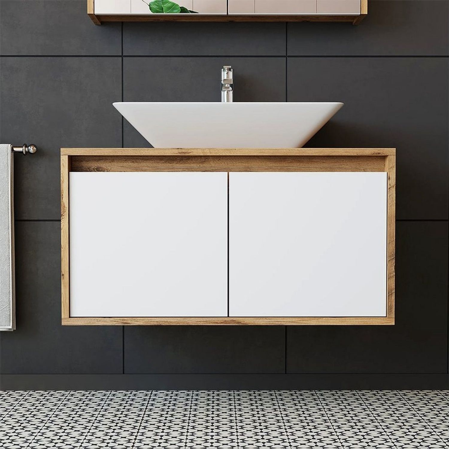 Roomart ATLANTIC-85 Badmöbel - nur Unterschrank - H 45 x B 45 x T 85 cm • Weiß-Eiche Bild 1
