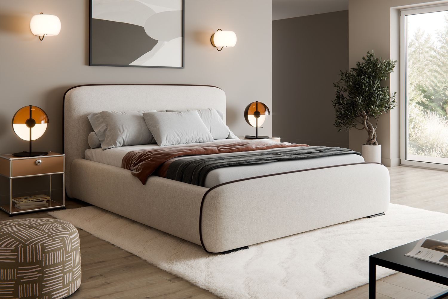 MEBLINI Polsterbett 120x200 mit Stauraum, Lattenrost und Bettkasten - Elfenbeinfarbe Webstoff ohne Matratze - BELLION - Kopfteil Bett mit Stauraum - Doppelbett - Stauraumbett - Betten Bild 1