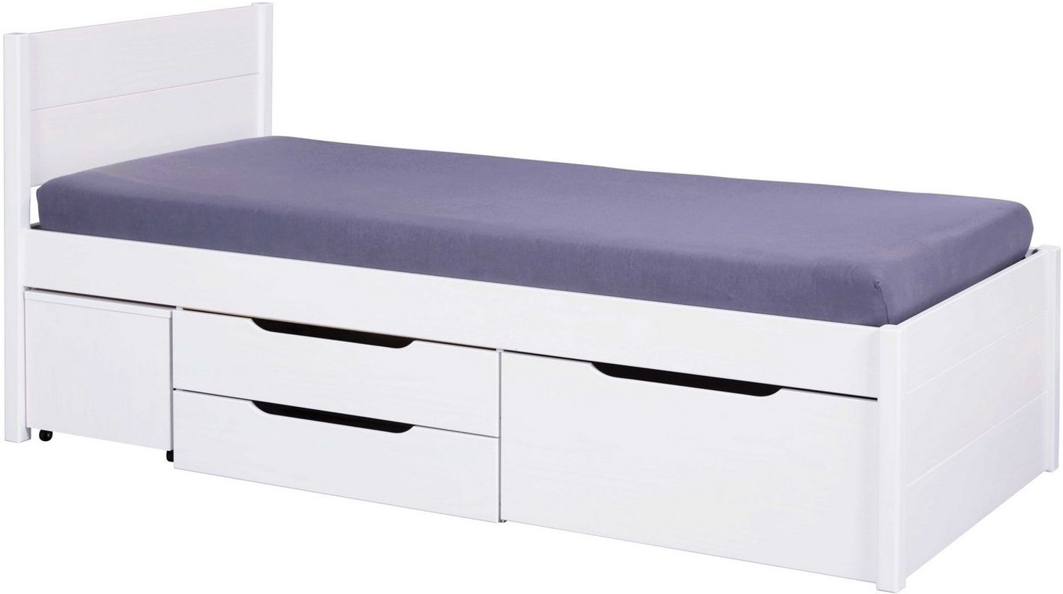 Inter Link -Bett mit Schubladen - Einzelbett 90x200 cm – Kojenbett mit Stauraum – Praktisches Jungendbett – Kiefer massivholz – Weiß lackiert – Inkl Lattenrost – Efetivo 90x200 cm Bild 1
