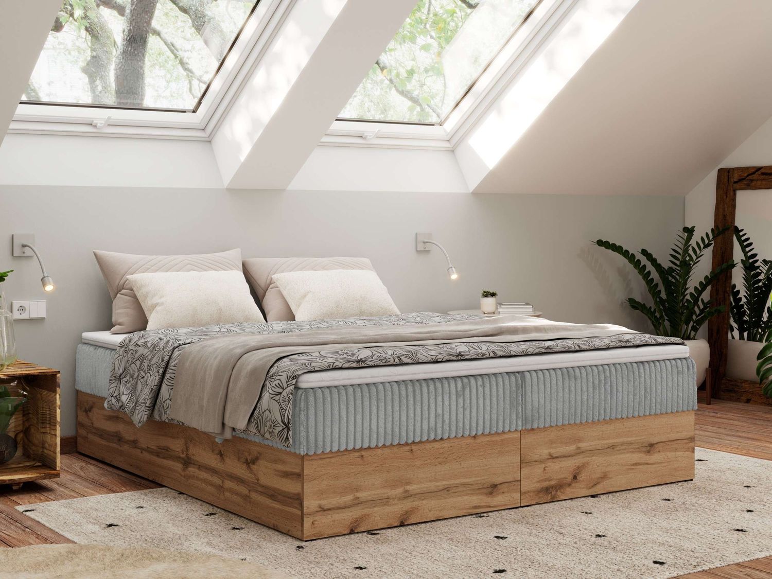Polsterbett mit Bettkasten, Boxspringbett ohne Kopfteil WOOD ZERO, 7-Zonen Multipocket-Matratze und Topper, modernes Bett für Schlafzimmer - Hellgrau Cordstoff - 140 x 200 cm - H4 Bild 1