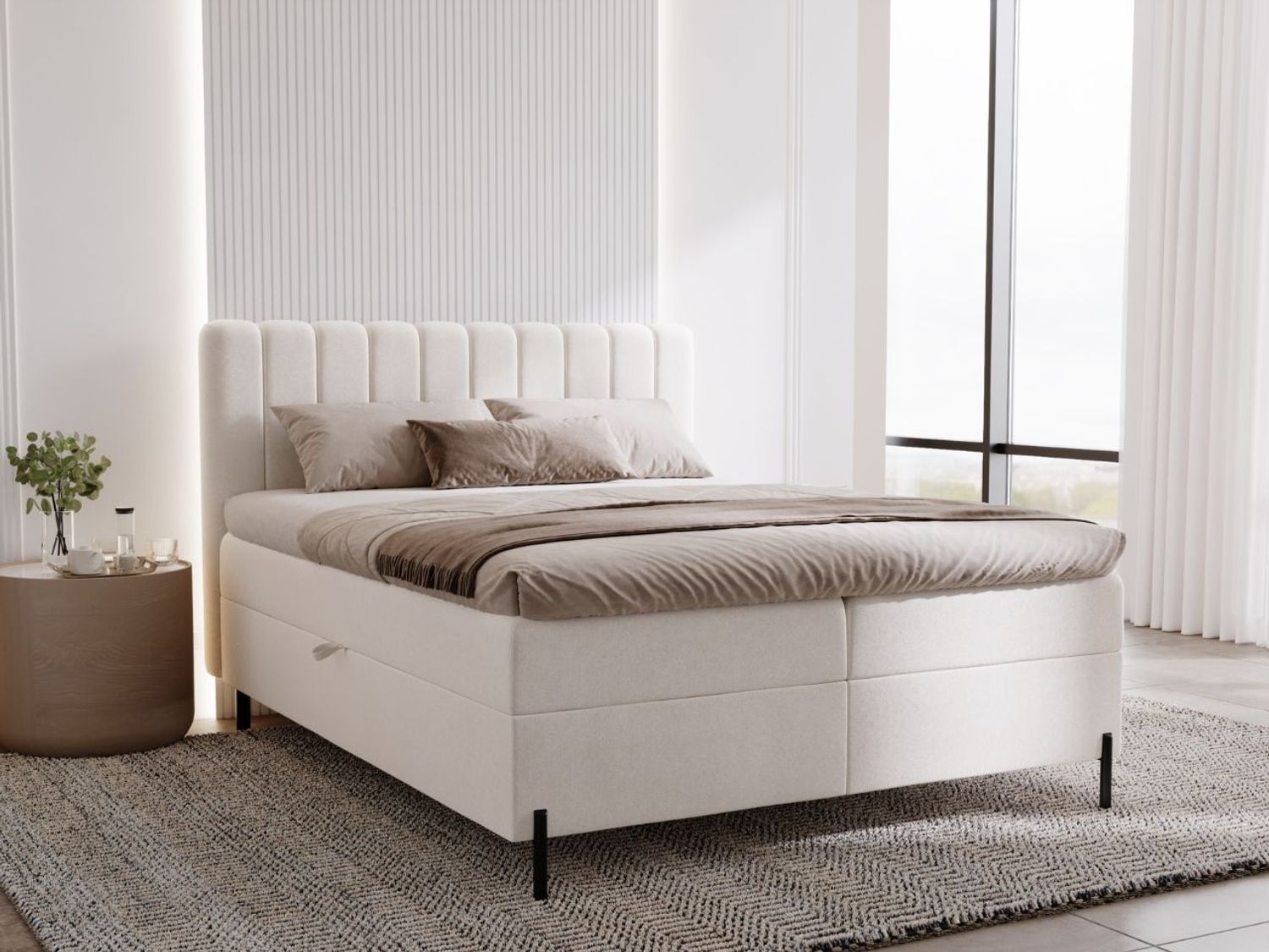 GRAINGOLD Primavera Boxspringbett 180x200, Boxspringbett, Kopfteil, mit hohe Beine, Velour-Stoff, Creme Bild 1