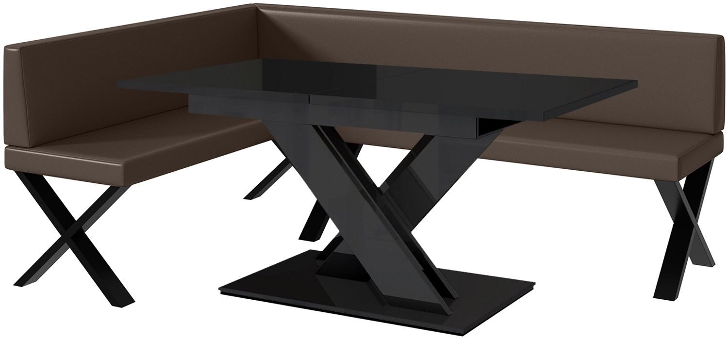 MEBLINI Eckbank für Esszimmer mit ausziehbarem Tisch - Küchenbank - Essecke - Sitzecke Küche - TONI - X-Beine 142x196x87cm Links - Braun Kunstleder/B Schwarz Hochgl. Bild 1