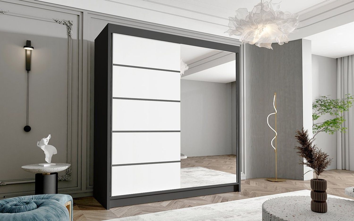 Schwebetürenschrank Harry III 180 cm mit Spiegel - Kleiderschrank, Schiebetürenschrank mit Kleiderstange und Einlegeboden, Schlafzimmerschrank, Schiebetüren - 180x215x58 cm (Schwarz/Weiß) Bild 1
