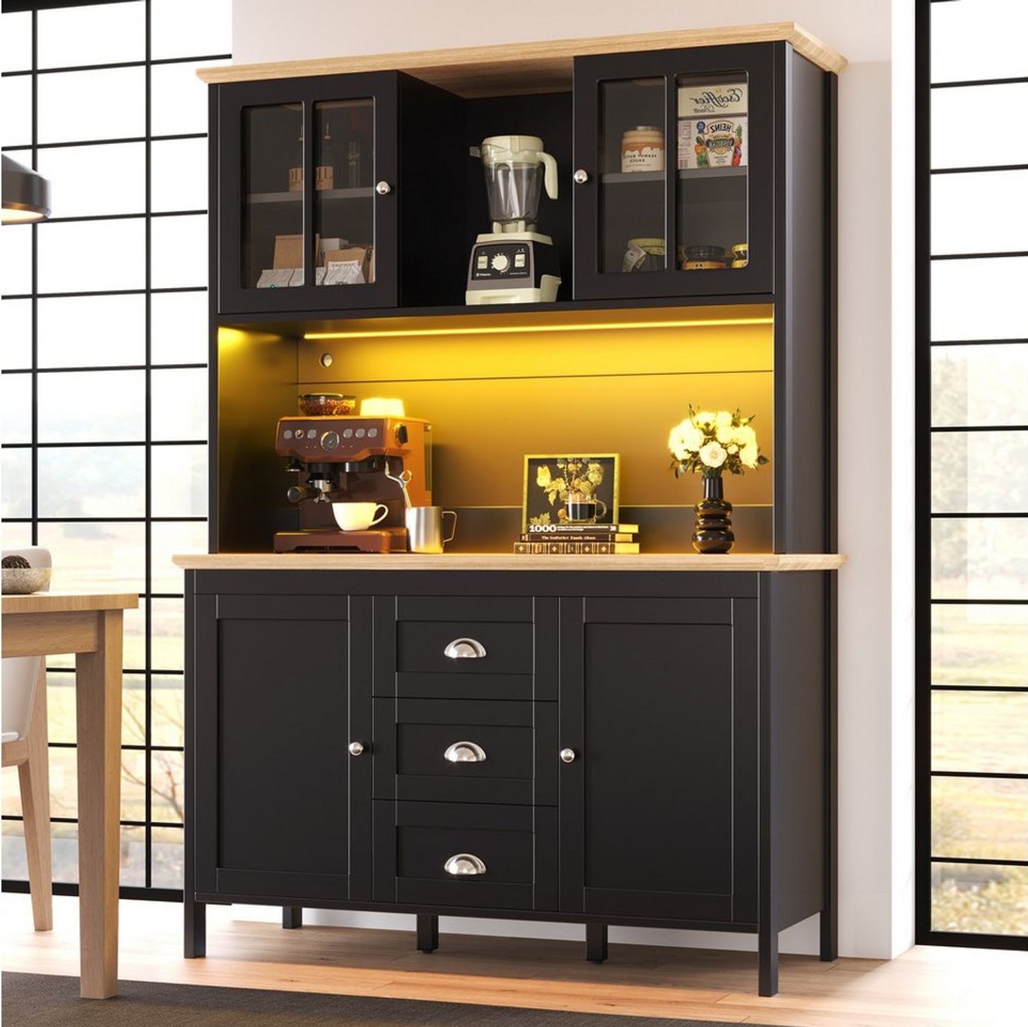 Flieks Küchenbuffet mit LED-Beleuchtung, Schubladen und Glastüren in Retro-Stil (1-St, B120/T40/H179 cm) Hochschrank Küchenschrank Geschirrschrank mit verstellbare Ablagen Bild 1